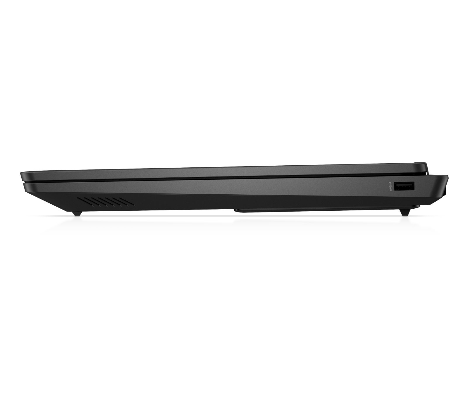 Seitenansicht eines schwarzen Laptops mit USB-Anschluss und Lüftungsschlitzen.