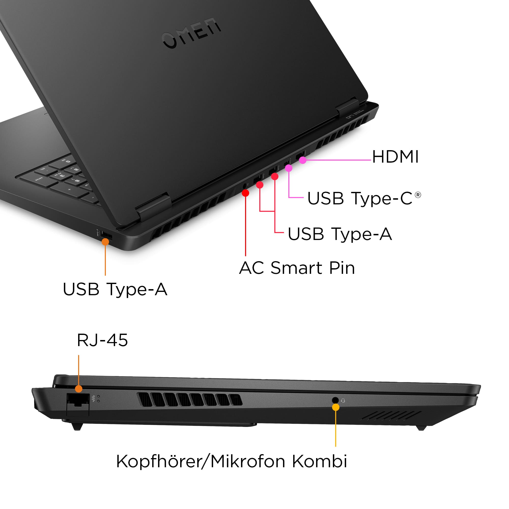 Laptop nero che mostra le porte: HDMI, USB-C, USB-A, RJ45, combo cuffie/microfono.