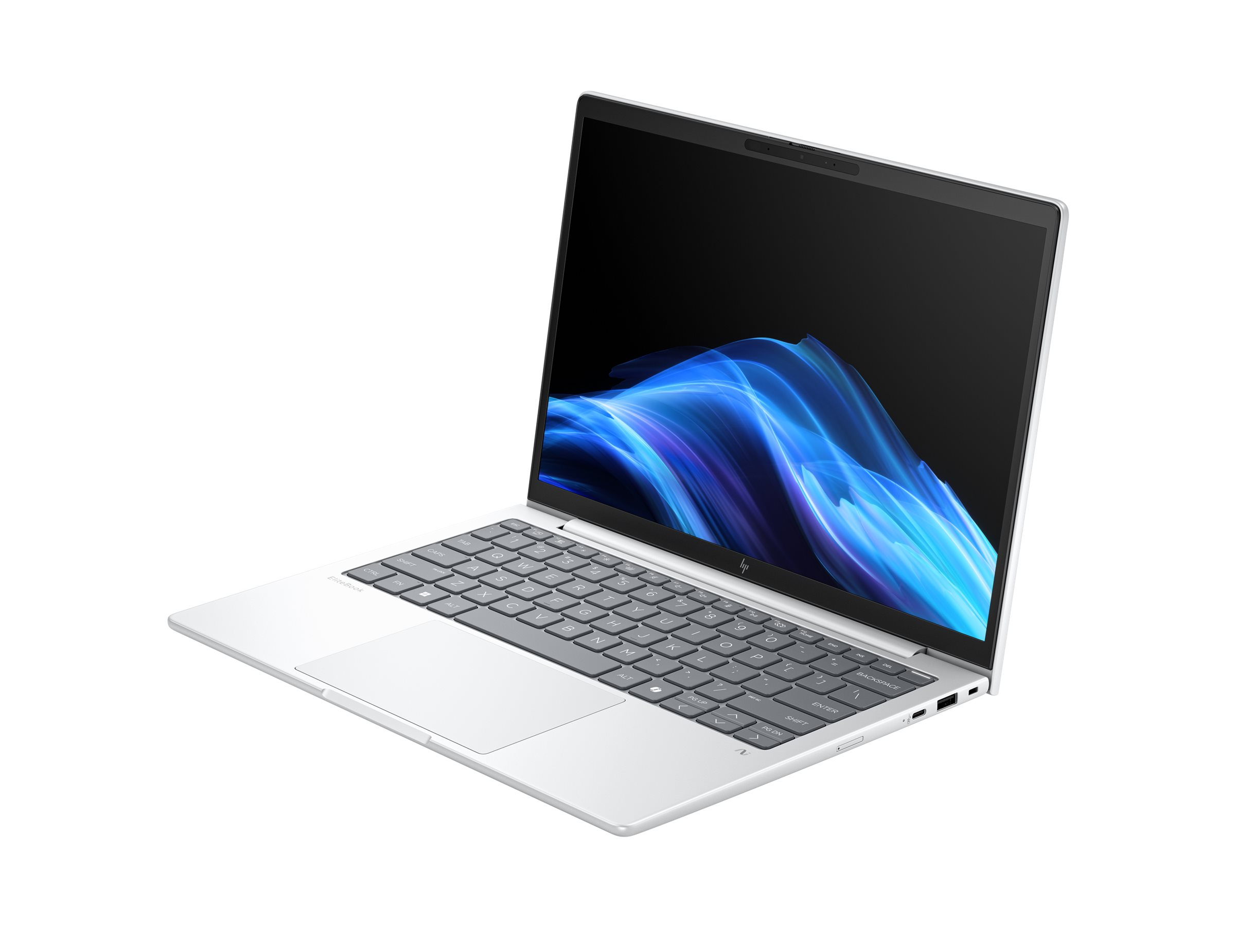 Un laptop HP EliteBook argentato con uno sfondo astratto blu sullo schermo.
