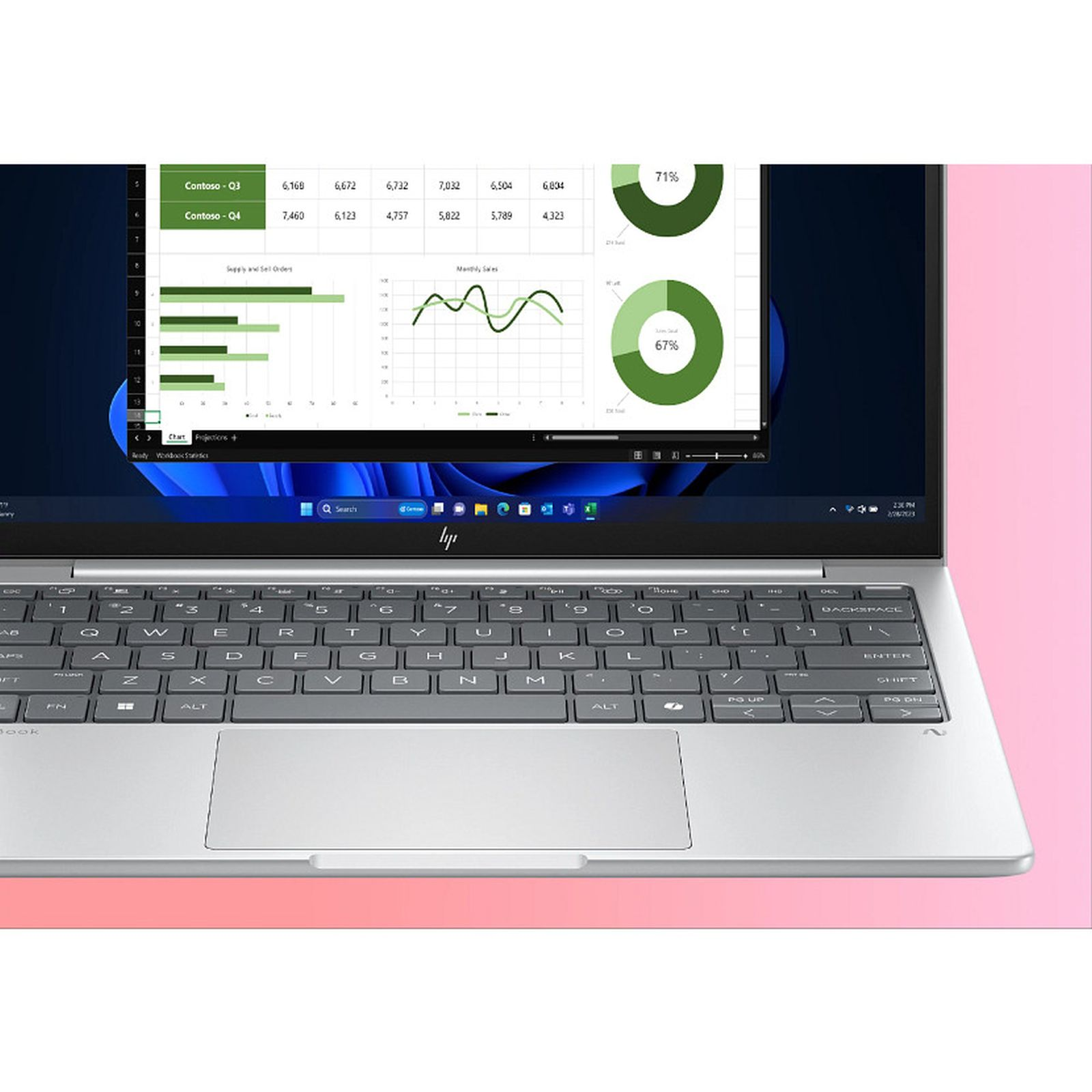 Laptop che mostra grafici finanziari e tabelle dati. Tastiera visibile sotto.