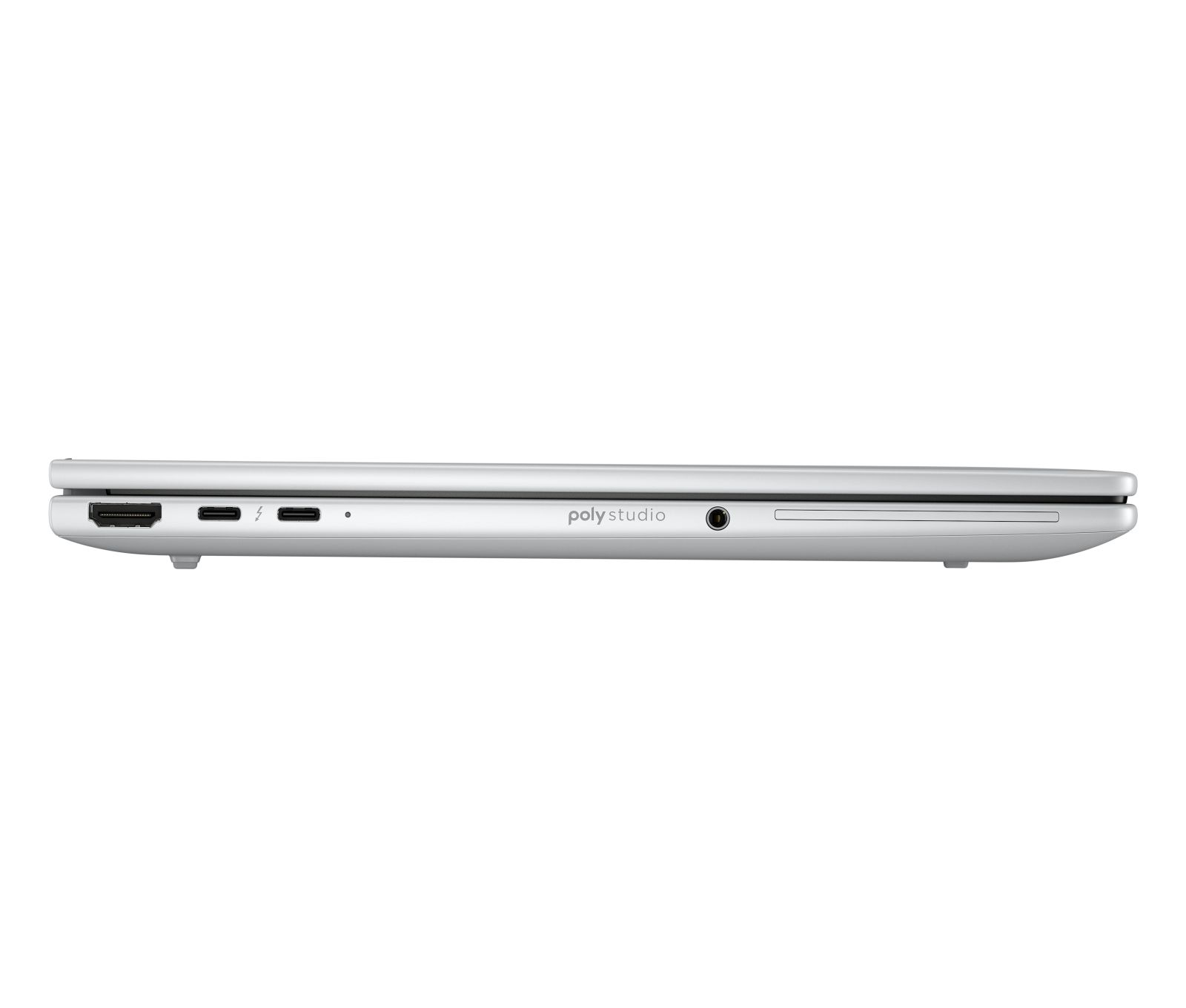 Lato laptop argentato con porte e logo 'poly studio'.