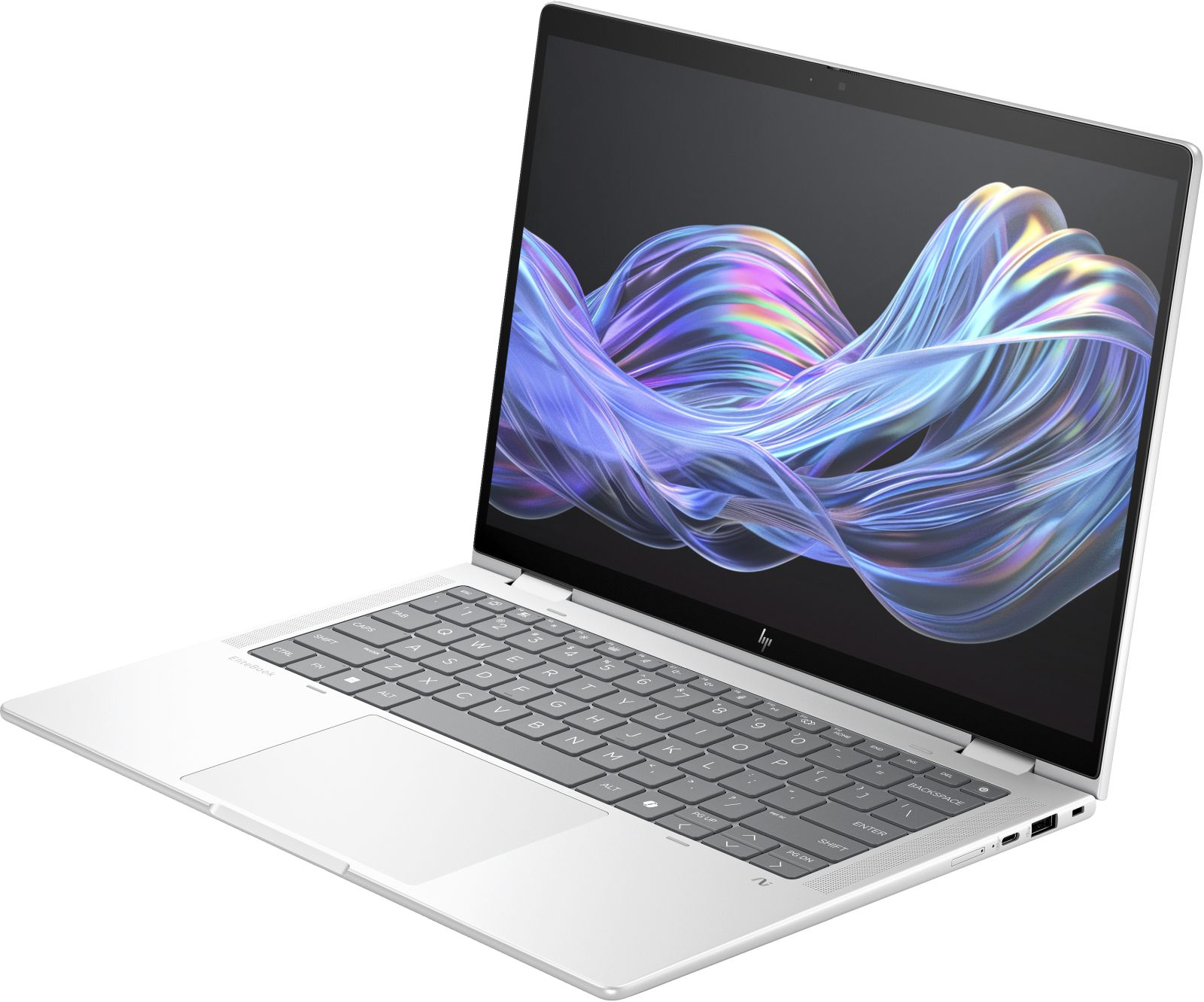 Srebrny laptop HP EliteBook jest otwarty, pokazując kolorową abstrakcyjną tapetę na ekranie.