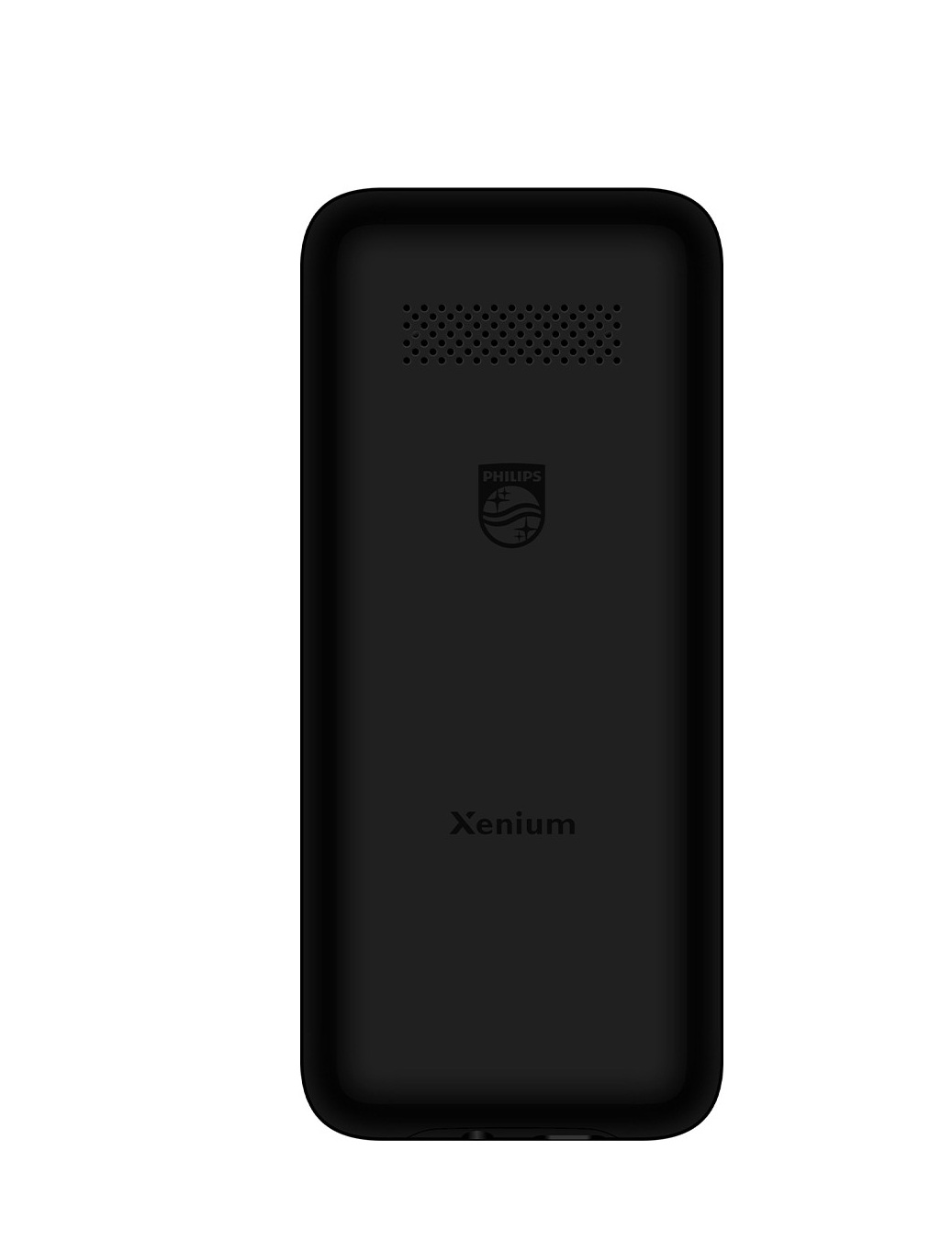 Siyah Philips Xenium telefon arka yüzü hoparlör ızgarası ve logolu.