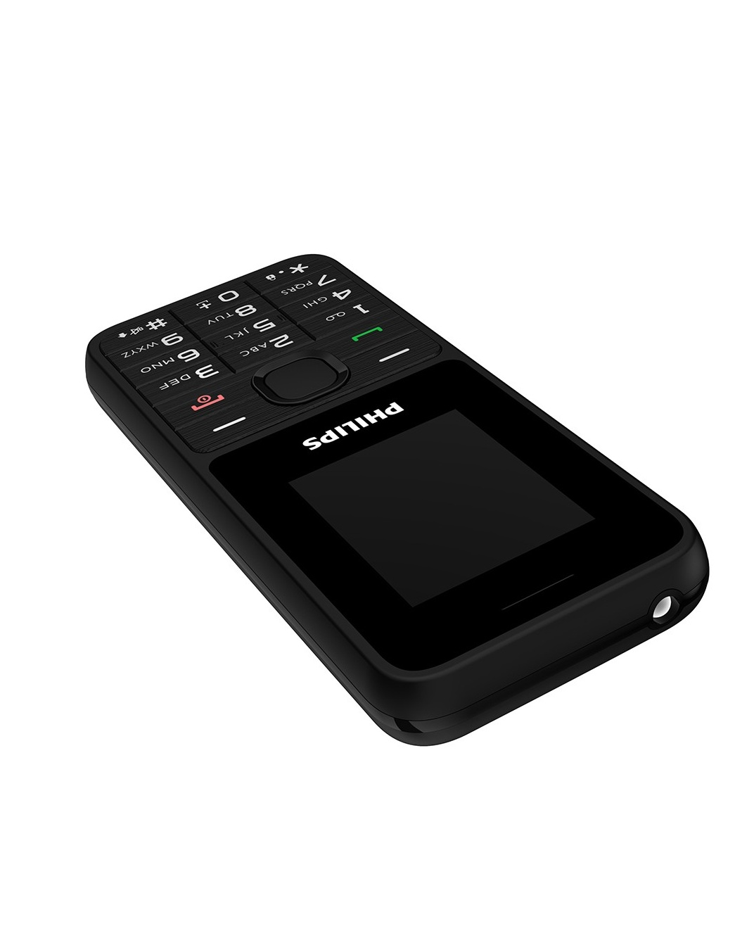 Ekranlı ve sayısal tuş takımına sahip siyah bir Philips cep telefonu gösteriliyor.