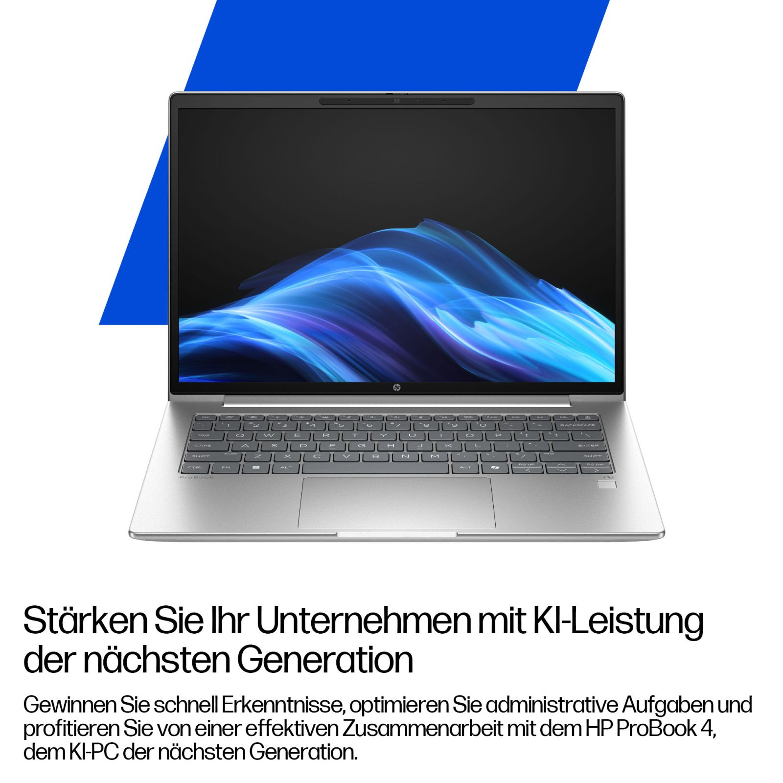 Un laptop HP ProBook argentato con uno sfondo astratto blu sullo schermo.