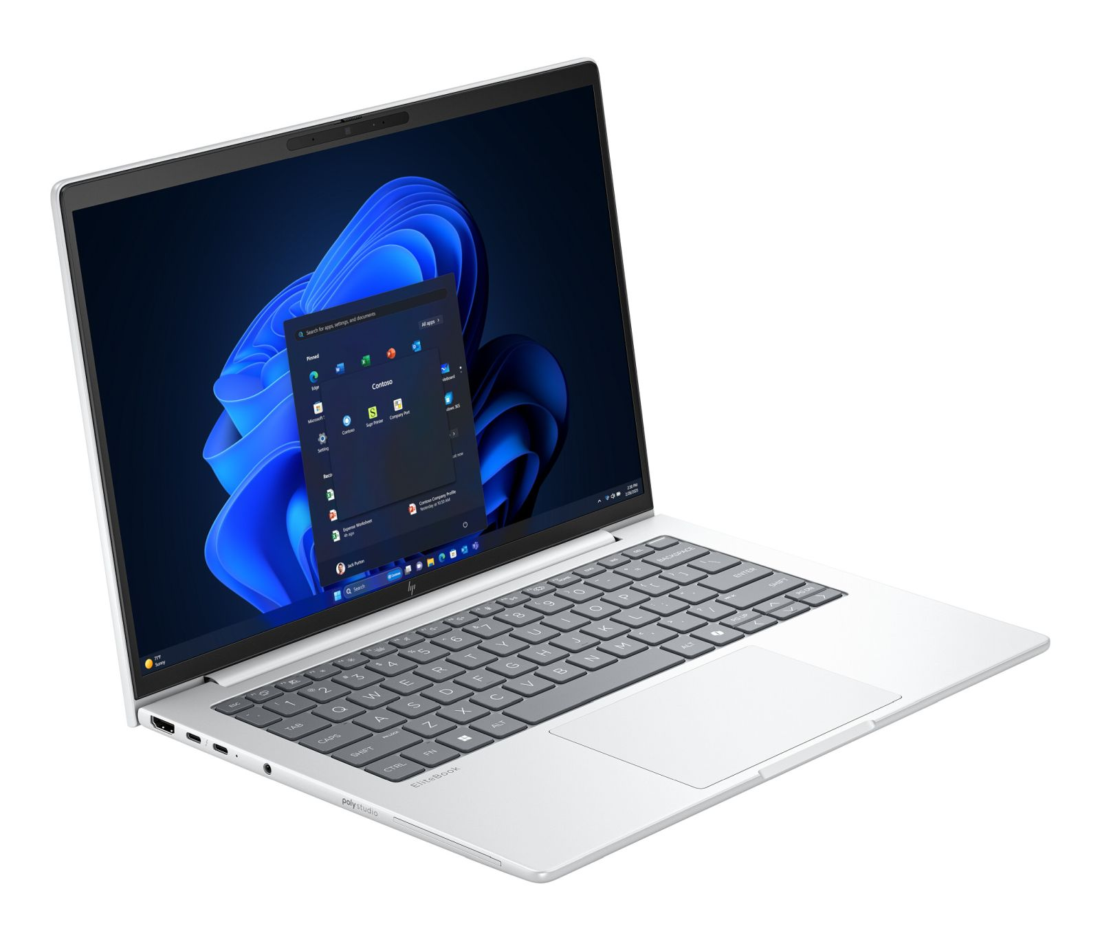 Un laptop HP EliteBook argentato è aperto, mostra il menu Start di Windows 11.