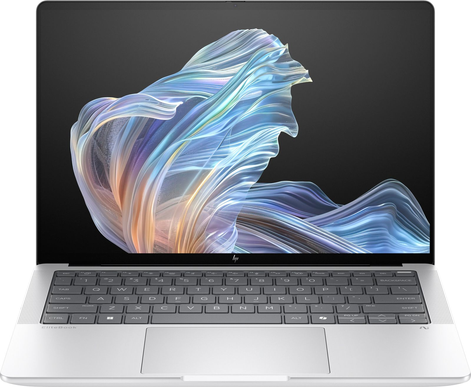 Laptop HP EliteBook argento con sfondo astratto colorato sullo schermo.