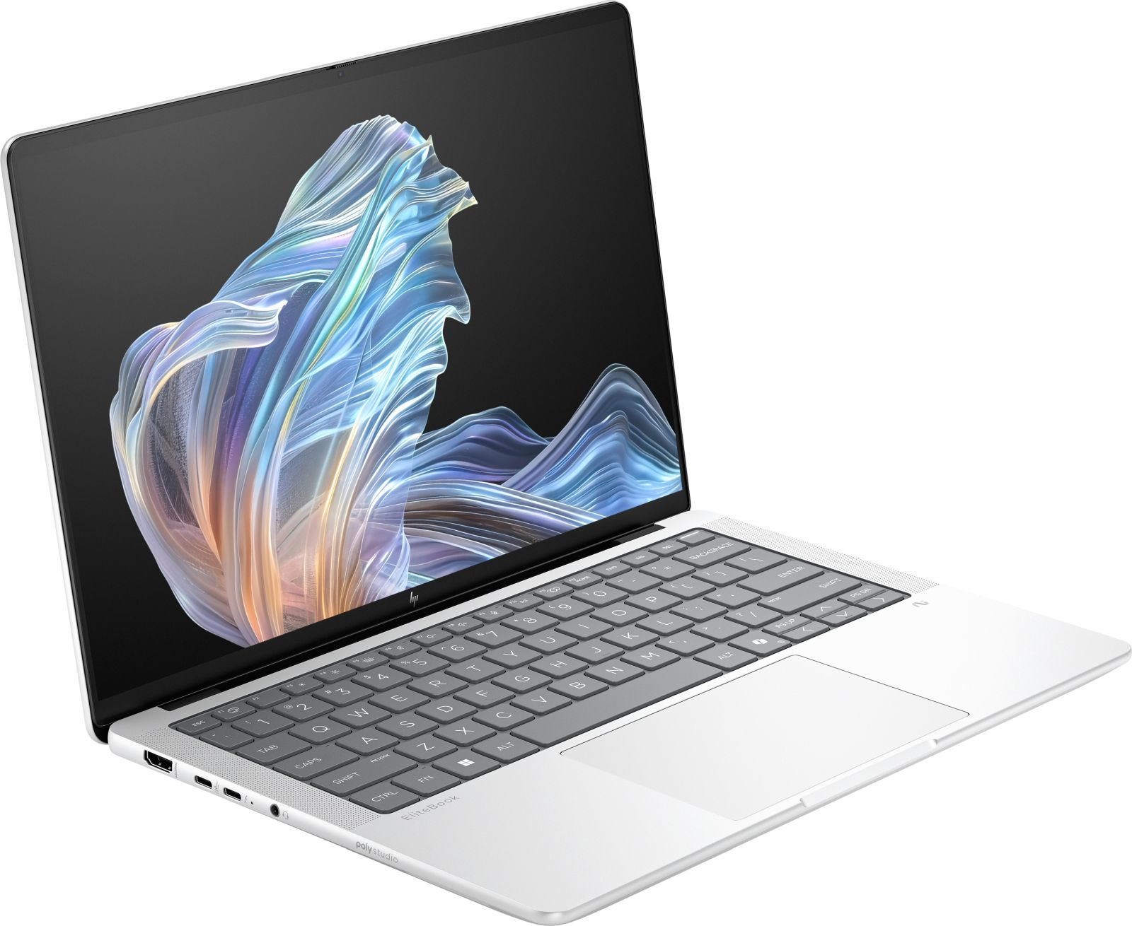 Srebrny laptop HP EliteBook jest otwarty, wyświetla kolorową abstrakcyjną tapetę na ekranie.