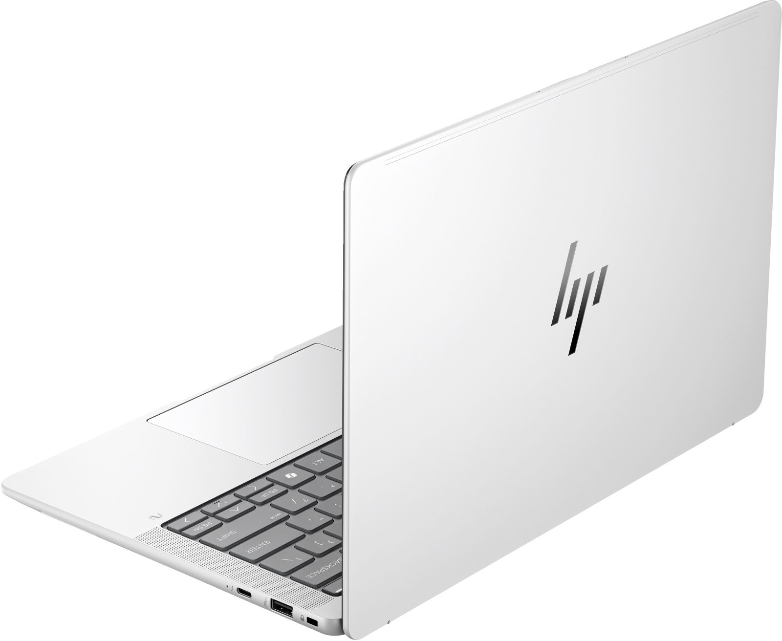 Otwarty biały laptop HP z widoczną klawiaturą i logo.