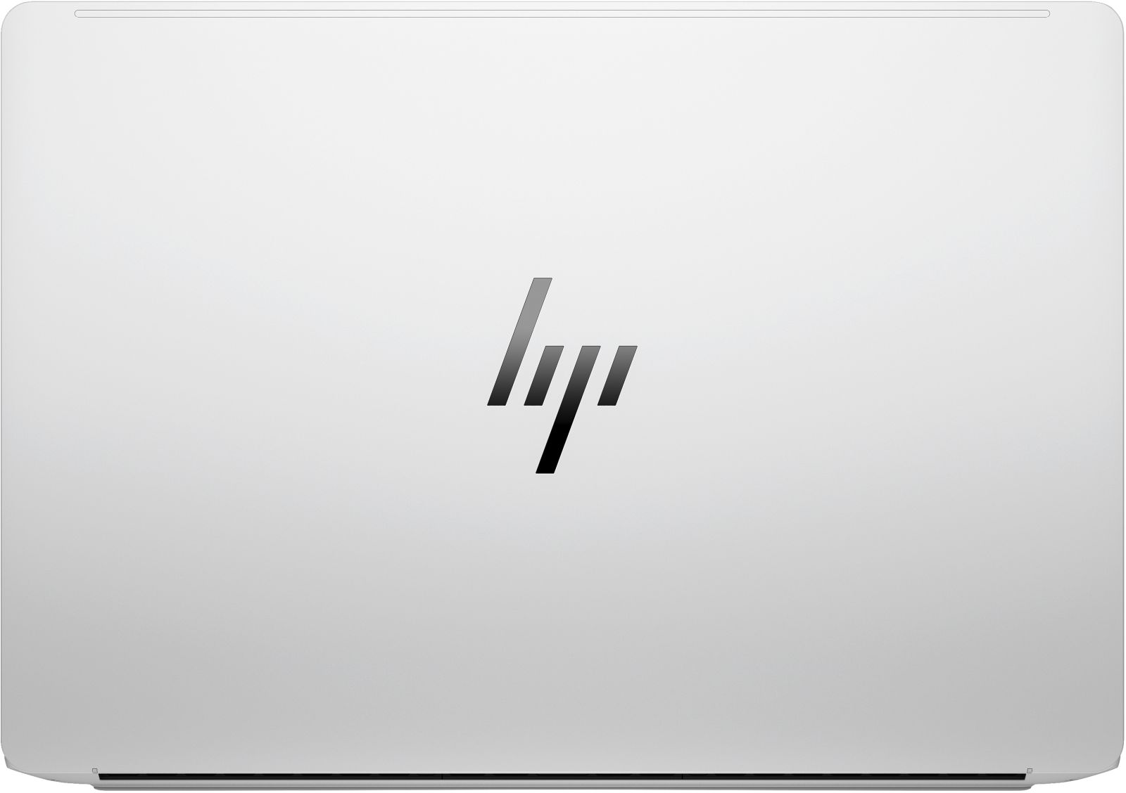 Coperchio argento di laptop HP con logo HP nero al centro.