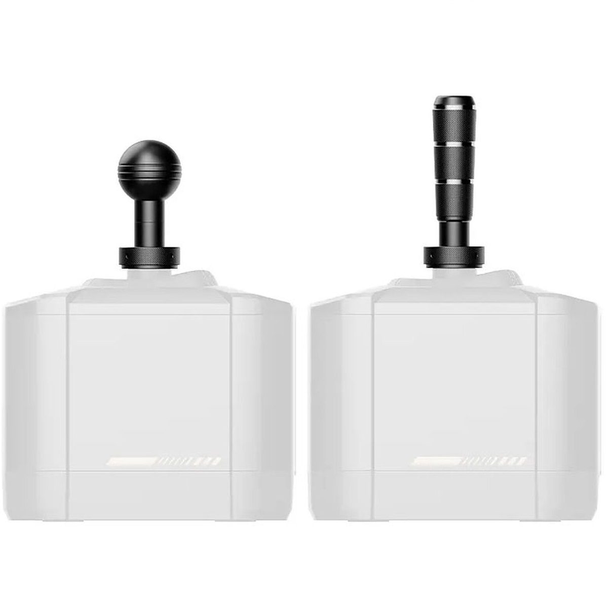 Deux boîtes blanches avec accessoires noirs sur fond blanc.