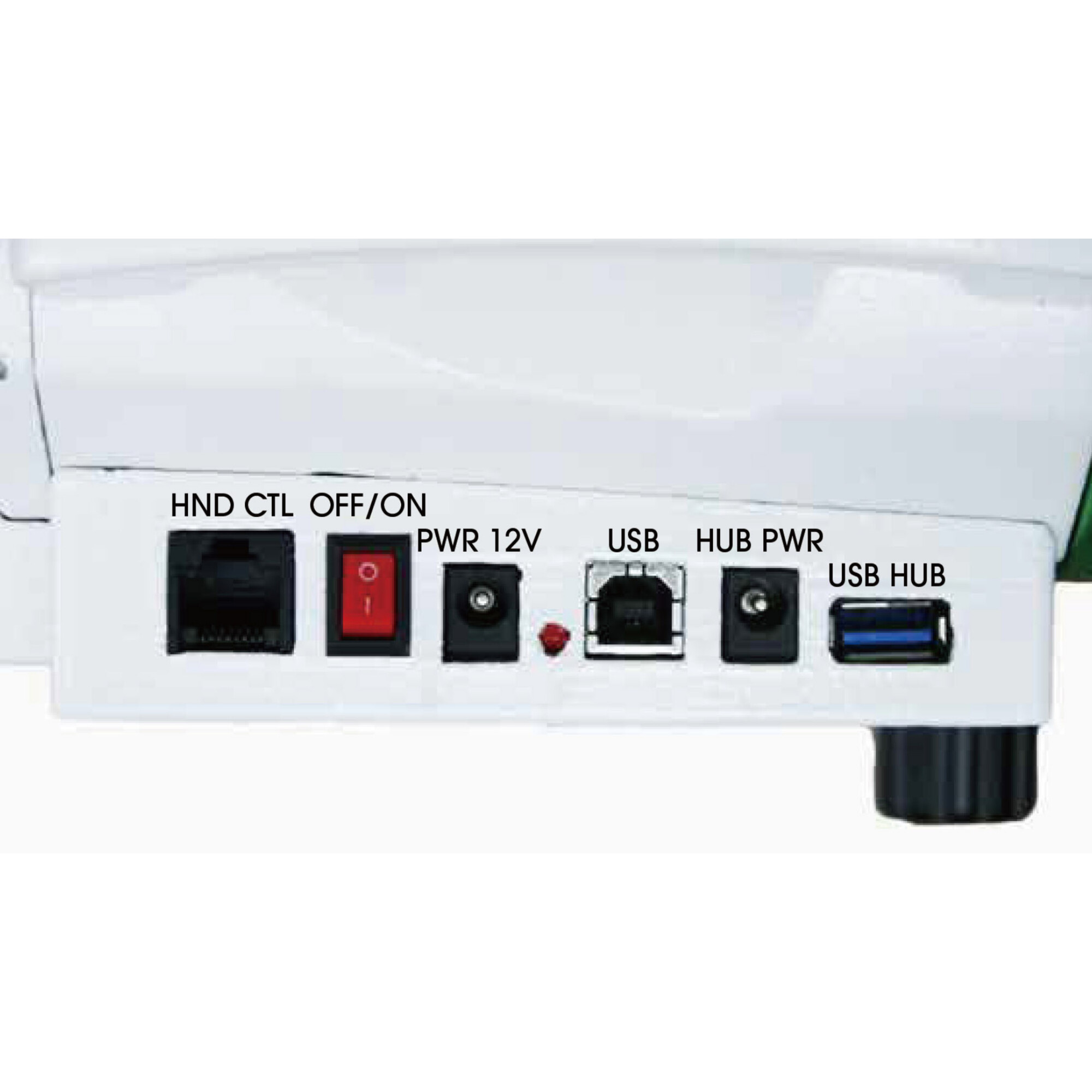 Geräteanschlüsse: RJ45, roter EIN/AUS-Schalter, 12V DC Eingang, USB-A, USB-B, USB-Hub.