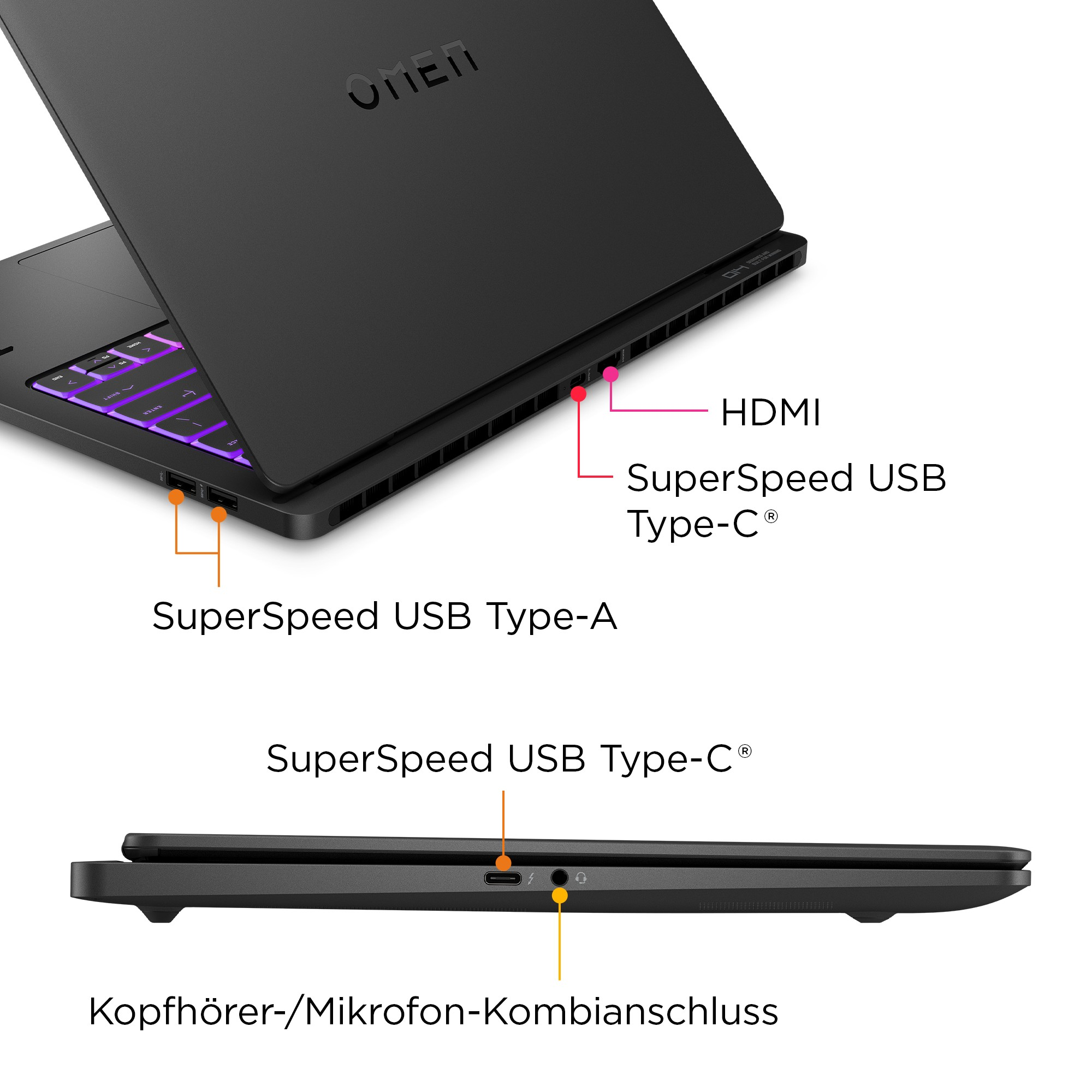 Porty czarnego laptopa: HDMI, SuperSpeed USB typu C i typu A.