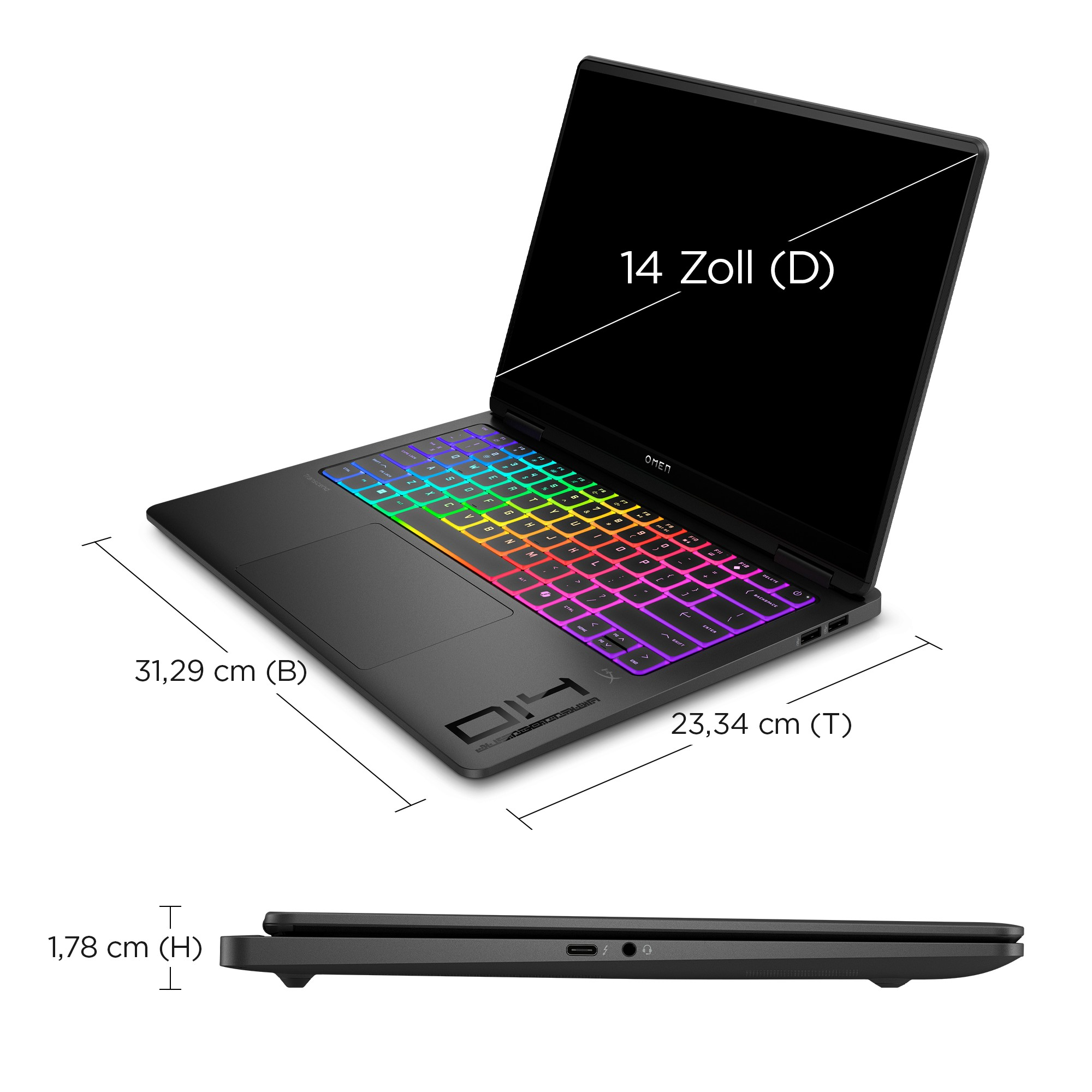 Czarny laptop HP Omen z klawiaturą RGB, ekranem 14-calowym i wymiarami.