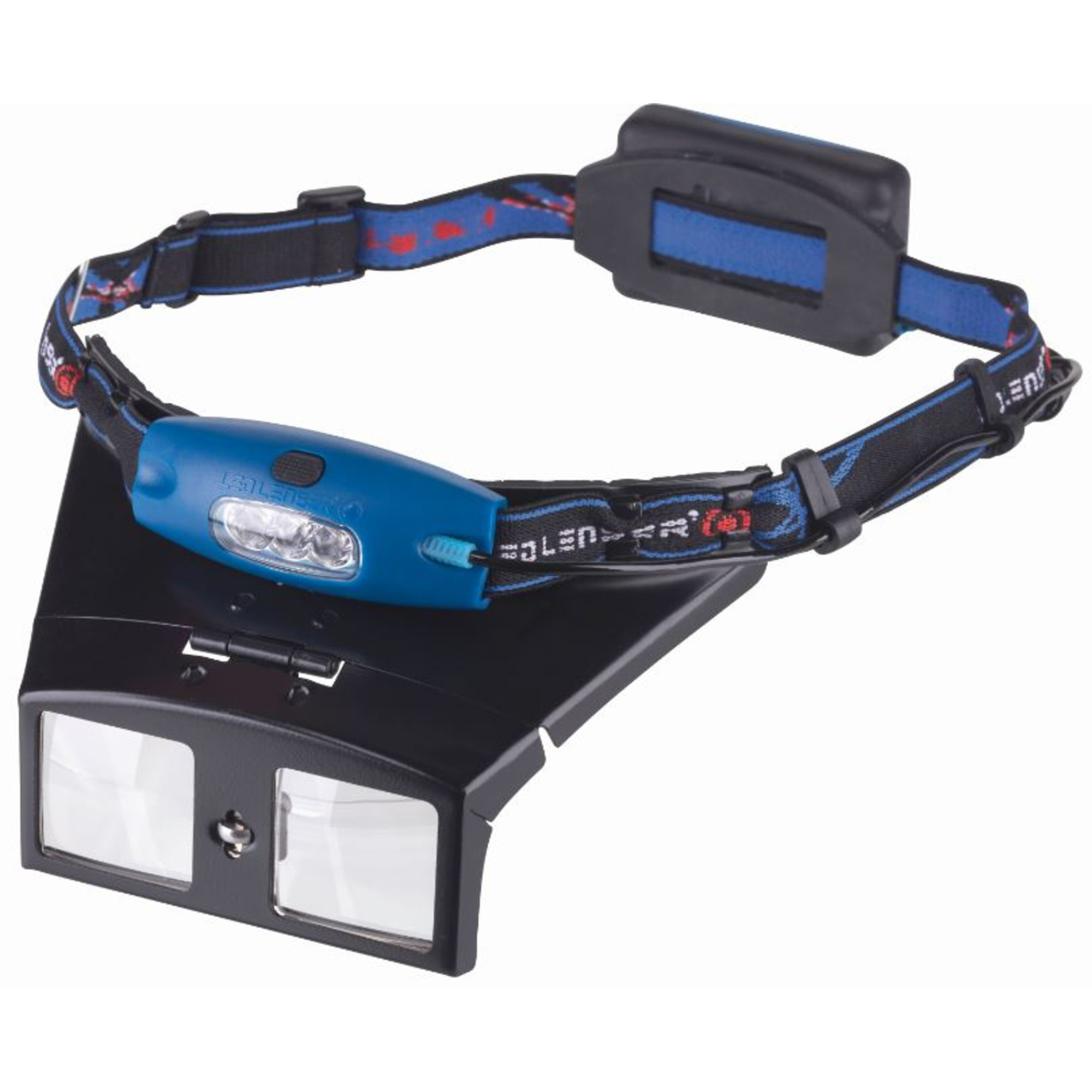 Eine blaue Stirnlampe mit Lupe, schwarzem Band und rotem Muster.