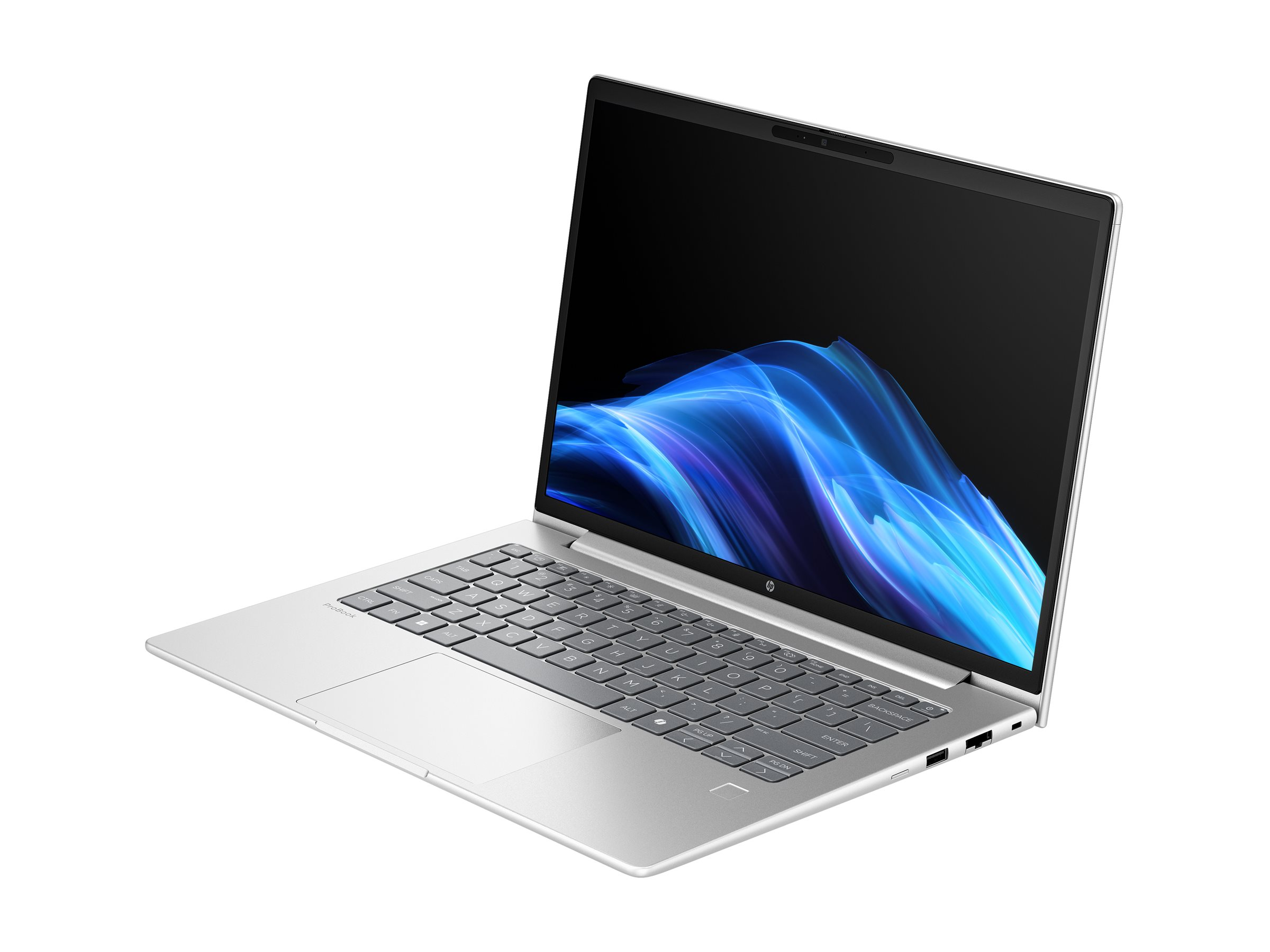 Silbernes HP ProBook Laptop geöffnet, zeigt Tastatur und Bildschirm mit blauer abstrakter Tapete.