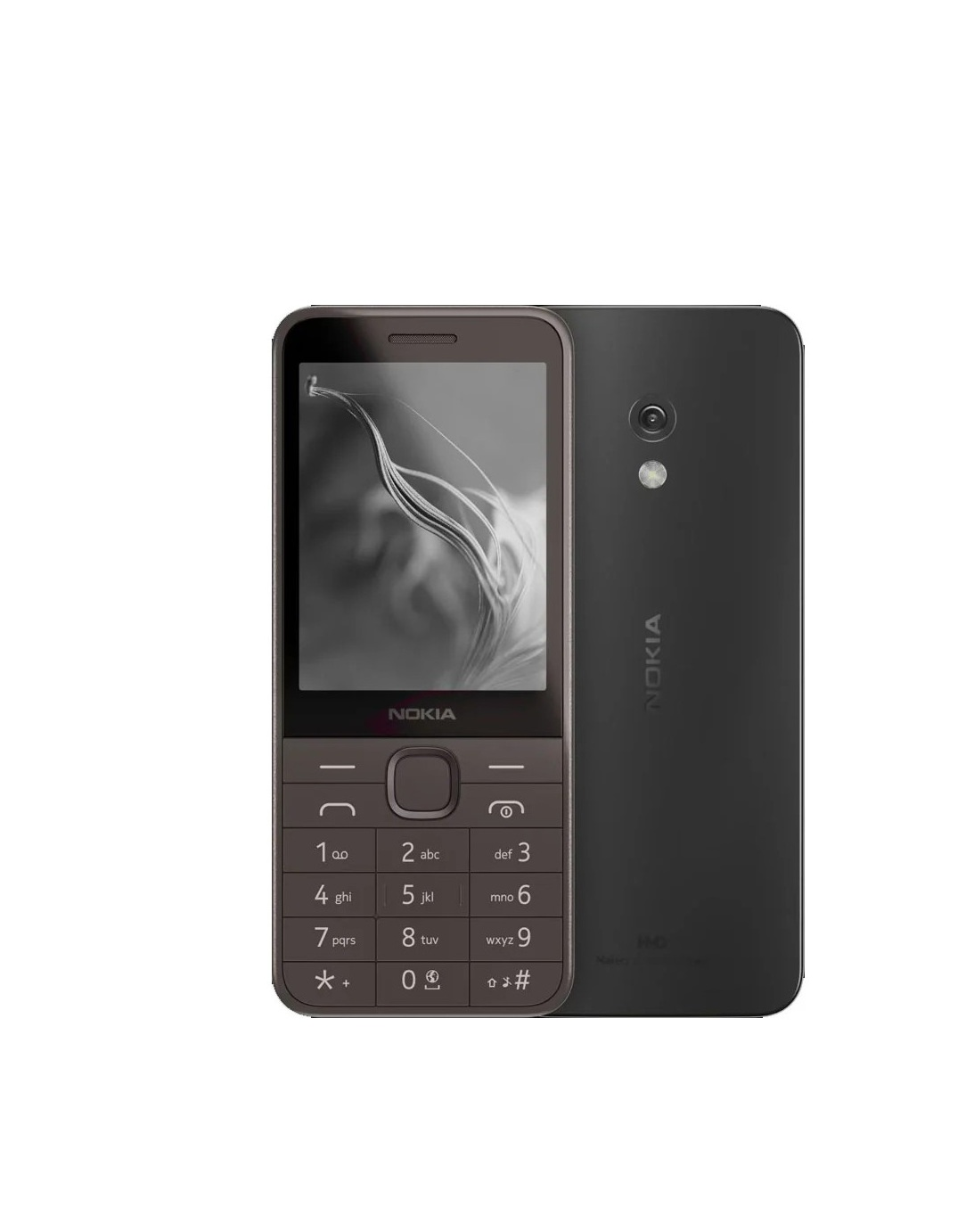 Koyu gri Nokia tuşlu telefon, ön ve arka görünümüyle klavyesi ve kamerası gösteriliyor.