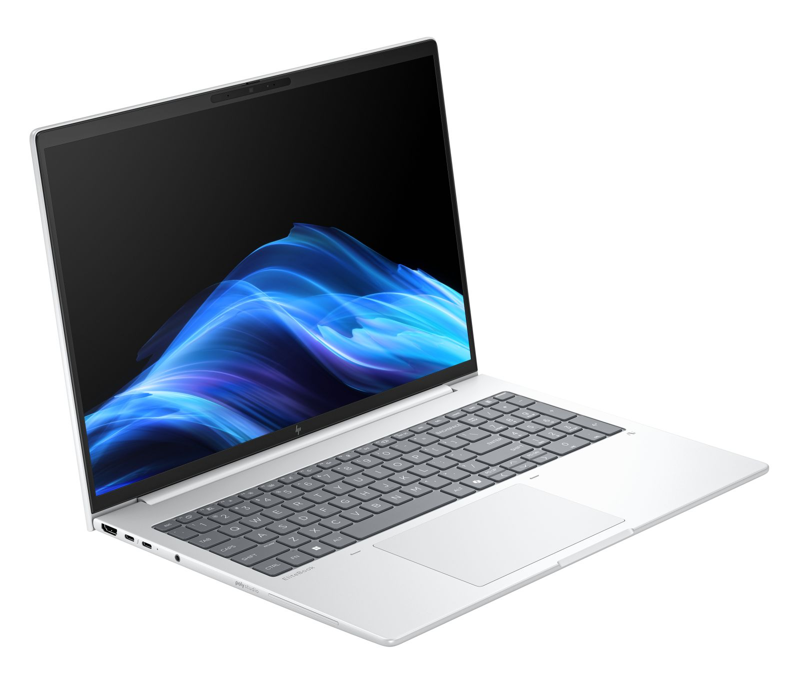 Srebrny laptop HP EliteBook jest otwarty, wyświetlając niebieską abstrakcyjną tapetę.