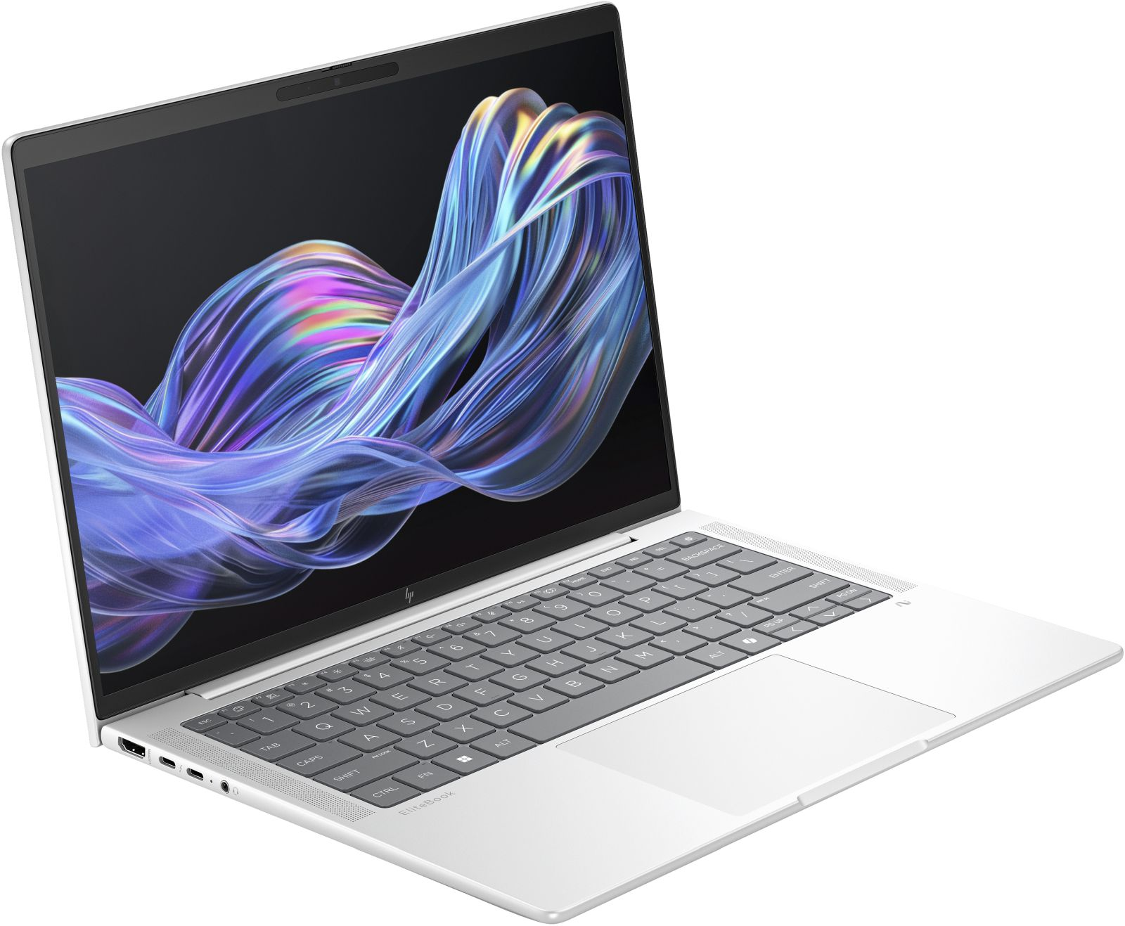 Ein silberner Laptop mit einem abstrakten, mehrfarbigen Hintergrund auf dem Bildschirm.