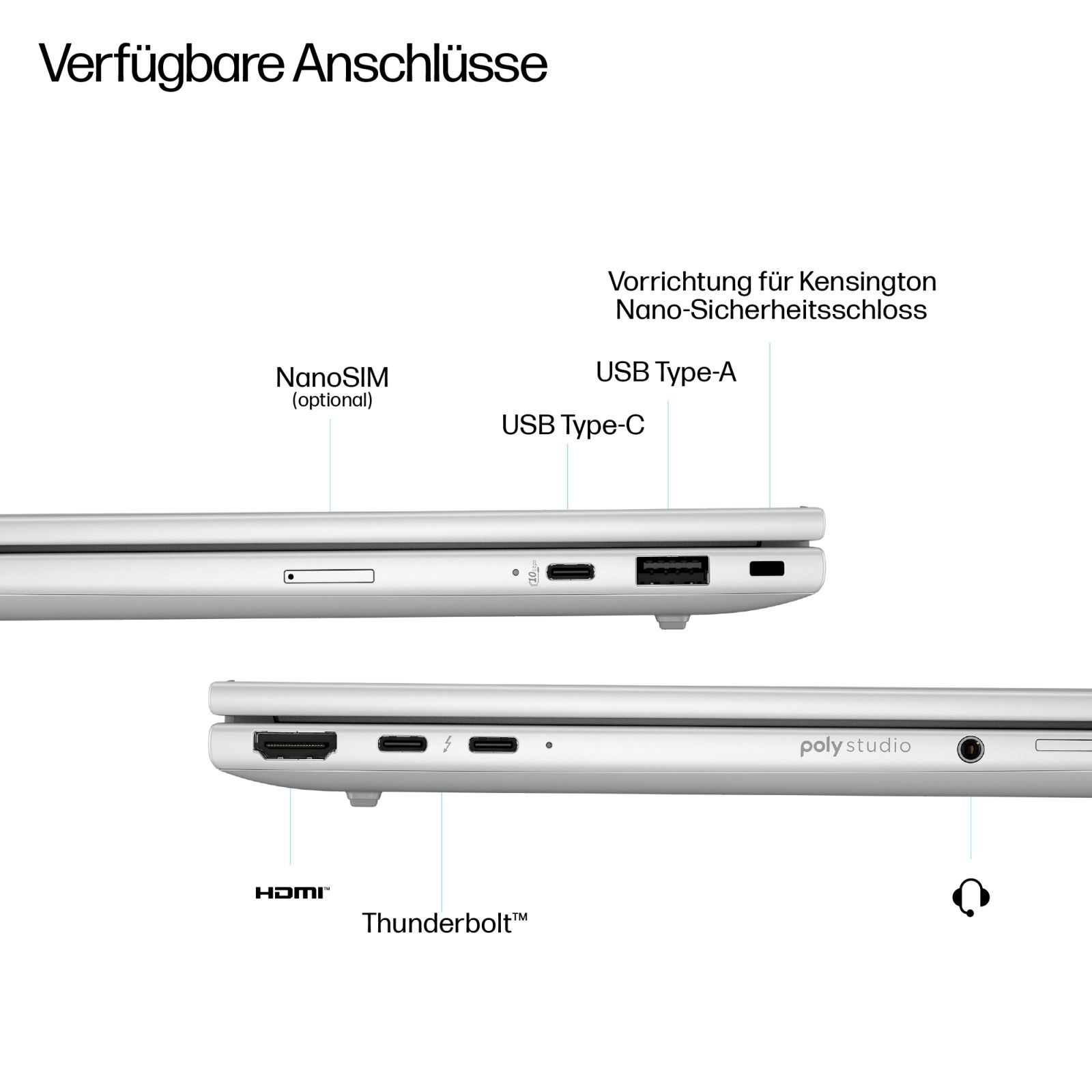 Srebrny laptop z portami: NanoSIM, USB-A, USB-C, HDMI, Thunderbolt i gniazdo blokady Kensington.