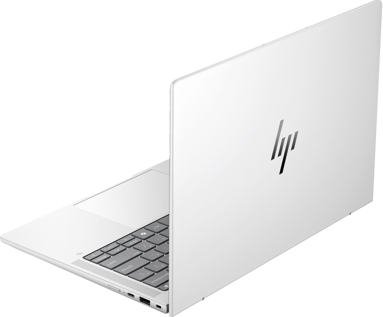 Ein weißer HP Laptop wird von oben gezeigt, mit schlankem Design und HP-Logo.