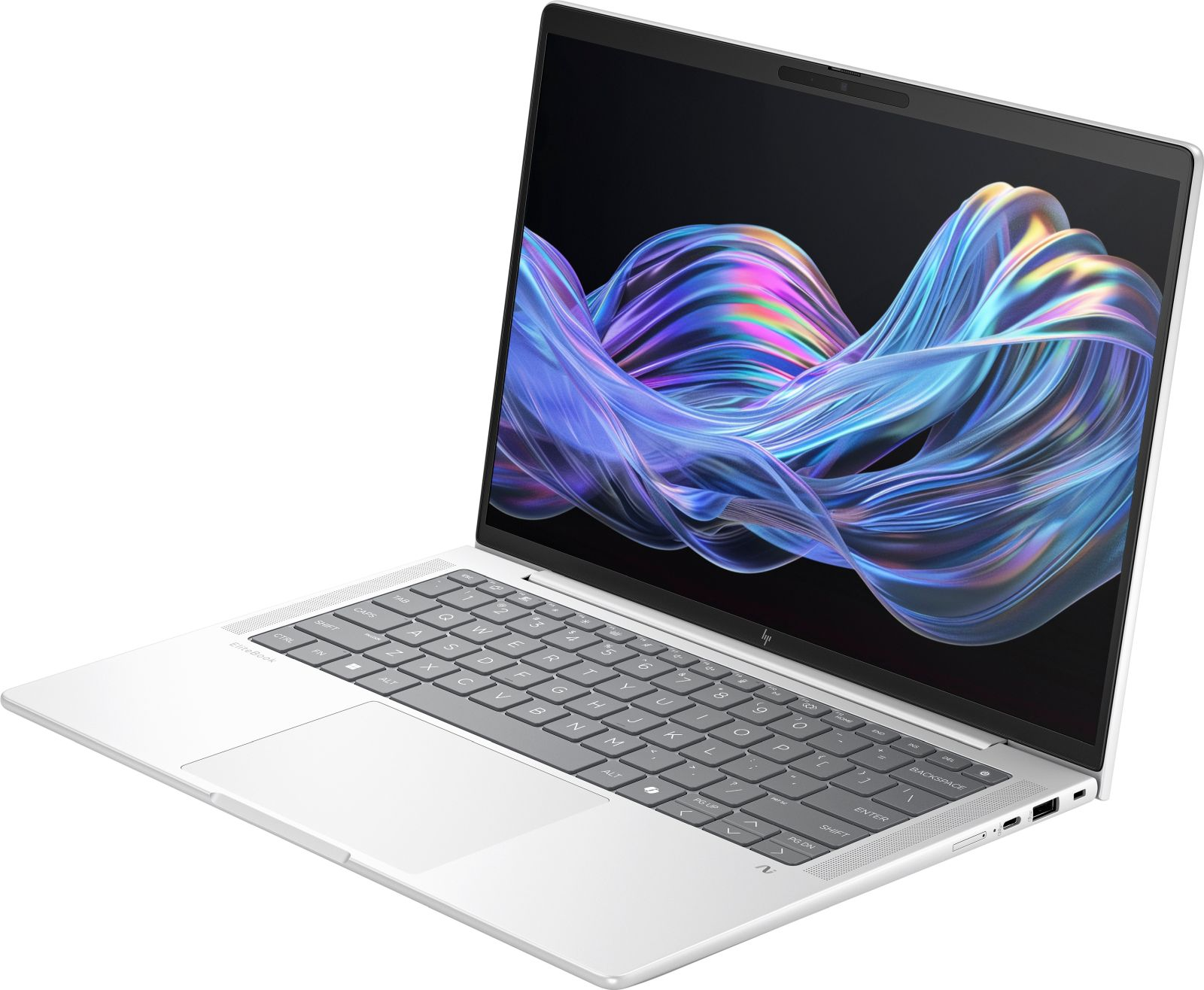 Ein weißer Laptop mit einem bunten, abstrakten Hintergrund auf dem Bildschirm.