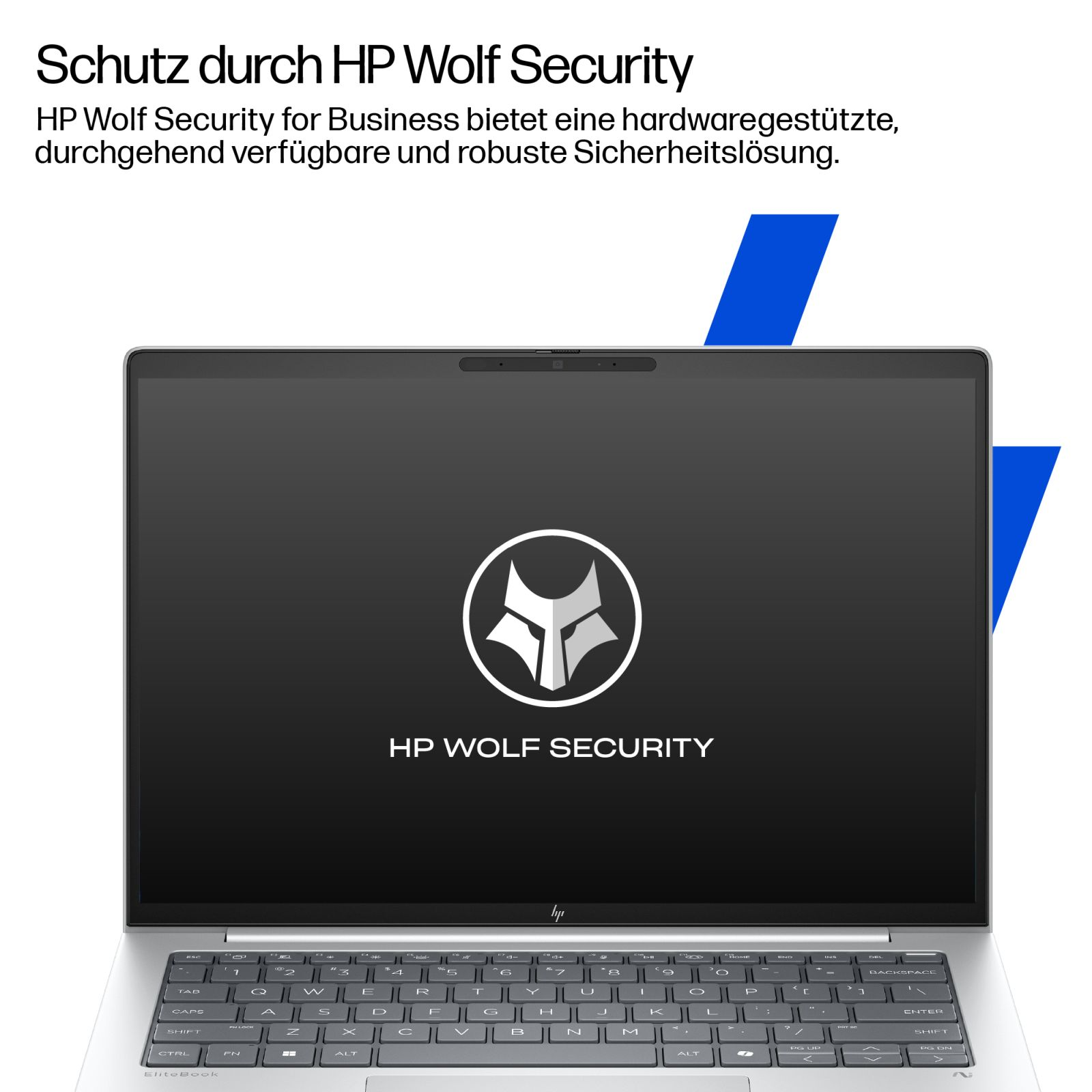 Laptop z logo HP Wolf Security na ekranie.