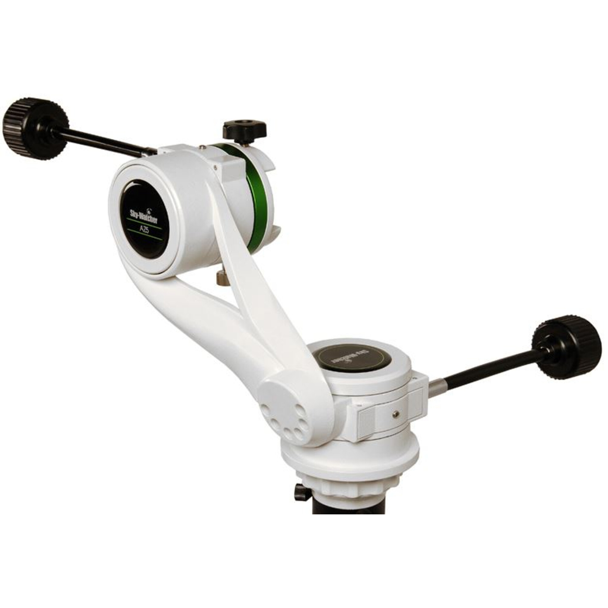Eine weiße Sky-Watcher AZ5 Montierung mit schwarzen Stellknöpfen und grünen Akzenten.