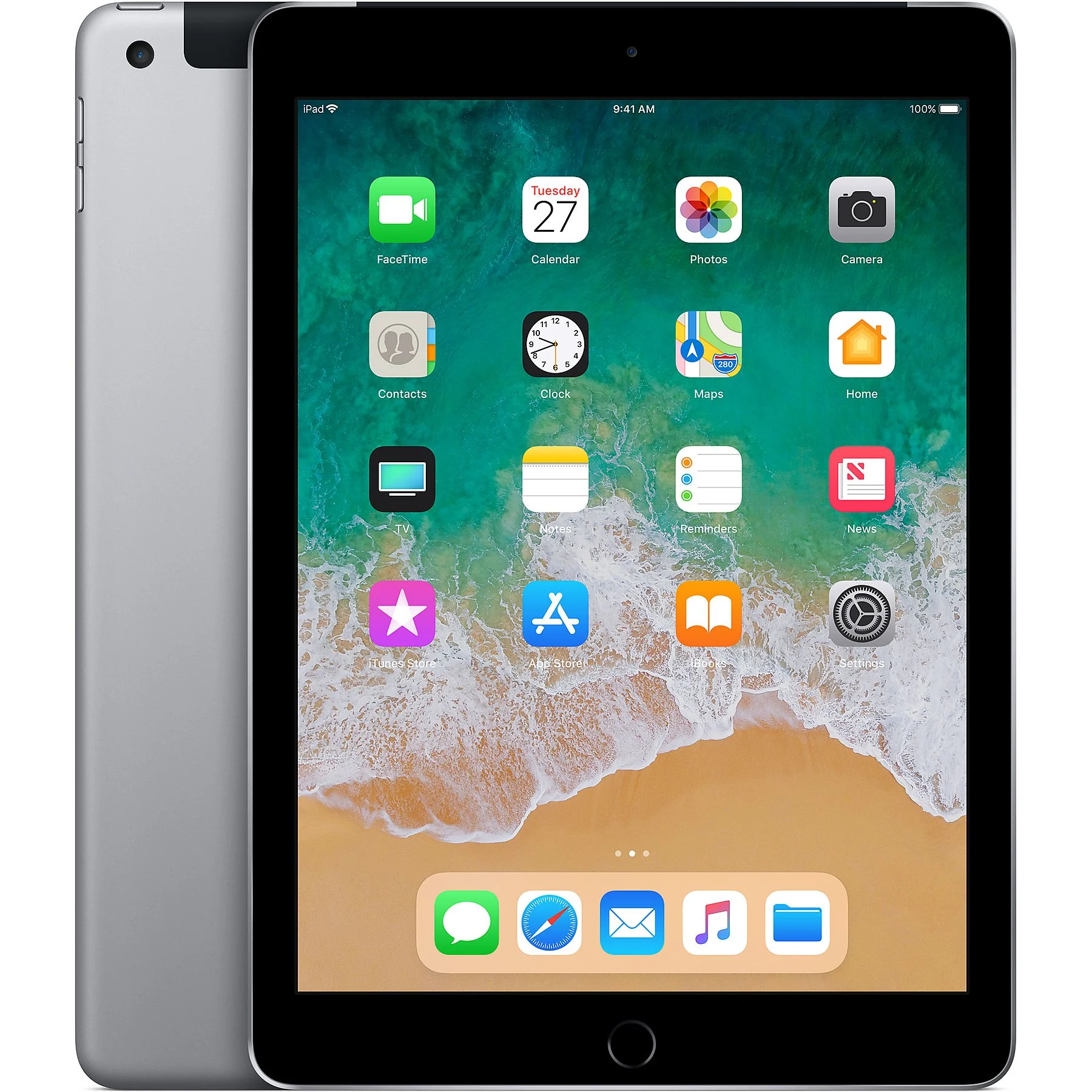 Ein silbernes iPad zeigt seinen Homescreen mit verschiedenen App-Symbolen und einem Strandhintergrund.