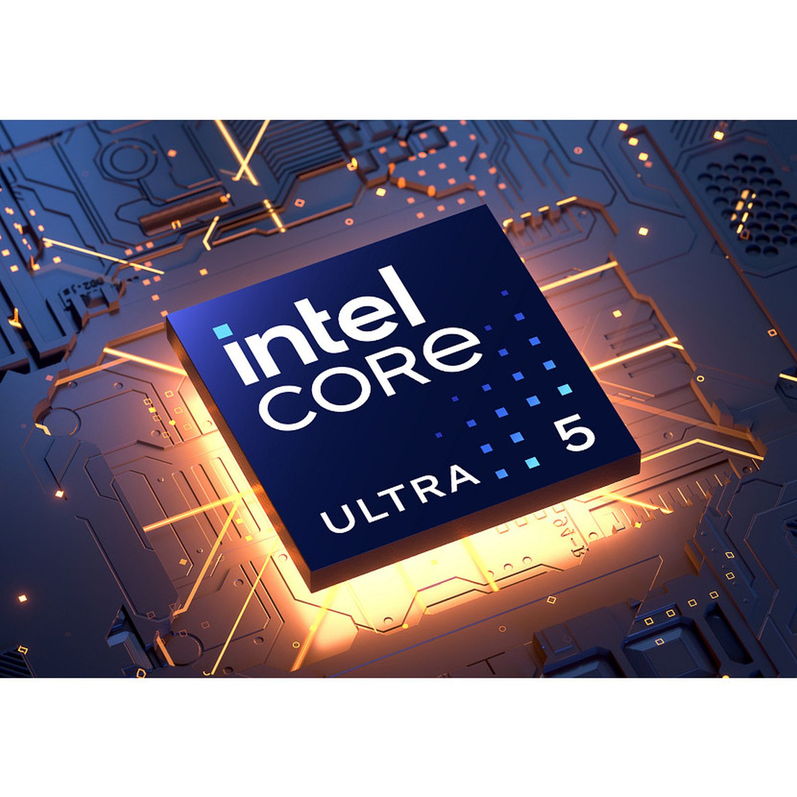 Processore Intel Core Ultra 5 su una futuristica scheda circuitale con linee arancioni luminose.