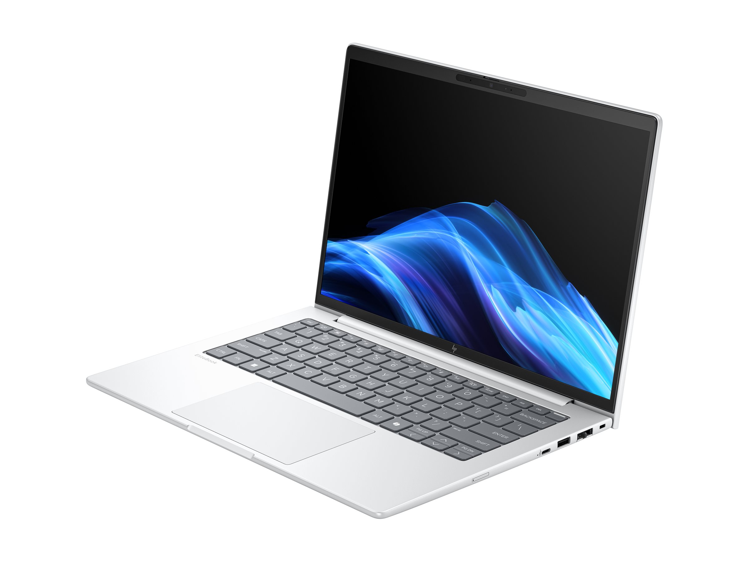 Un laptop HP EliteBook argentato con uno sfondo astratto blu.