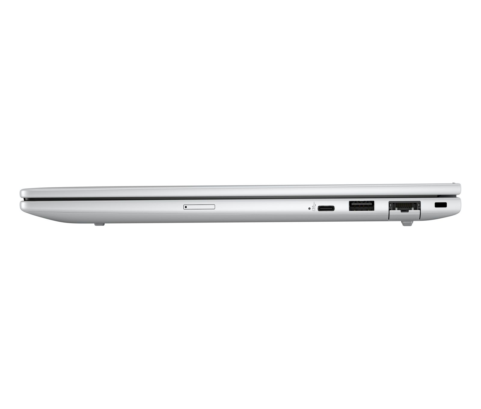 Srebrny laptop z gniazdem karty SD, portami USB-C i USB-A po bokach.