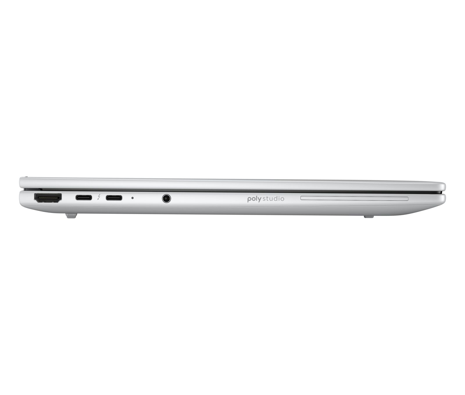Srebrny laptop Poly Studio z portami HDMI, Thunderbolt i słuchawkowymi.
