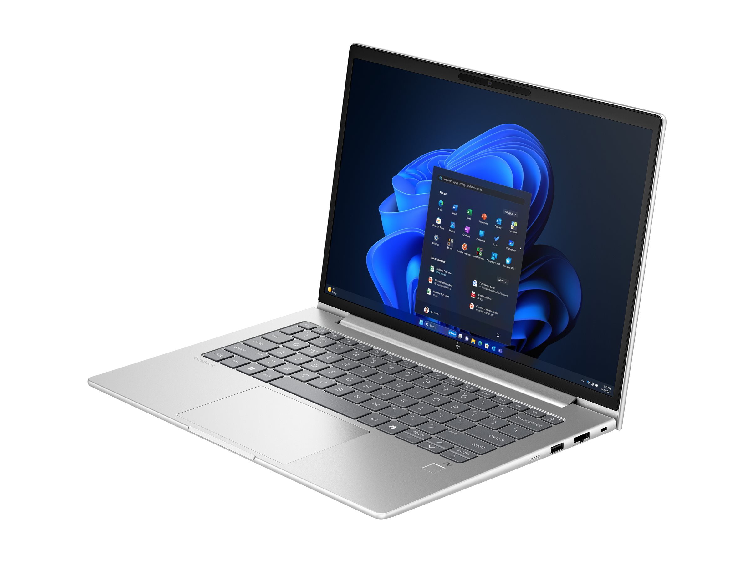 Ein silberner Laptop mit Windows 11 auf dem Bildschirm.