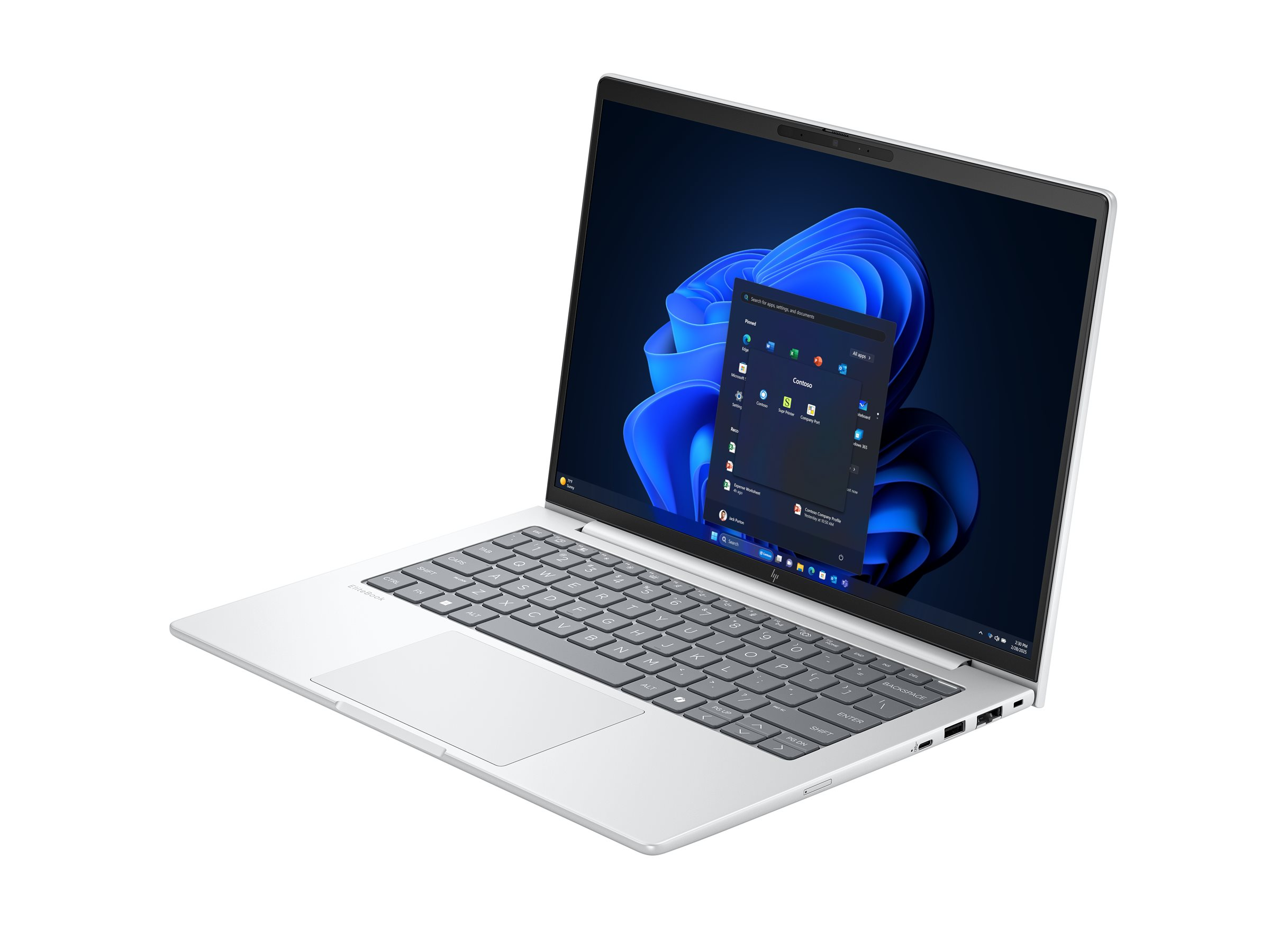 Ein silberner Laptop mit einem dunklen Hintergrund und einem Startmenü.
