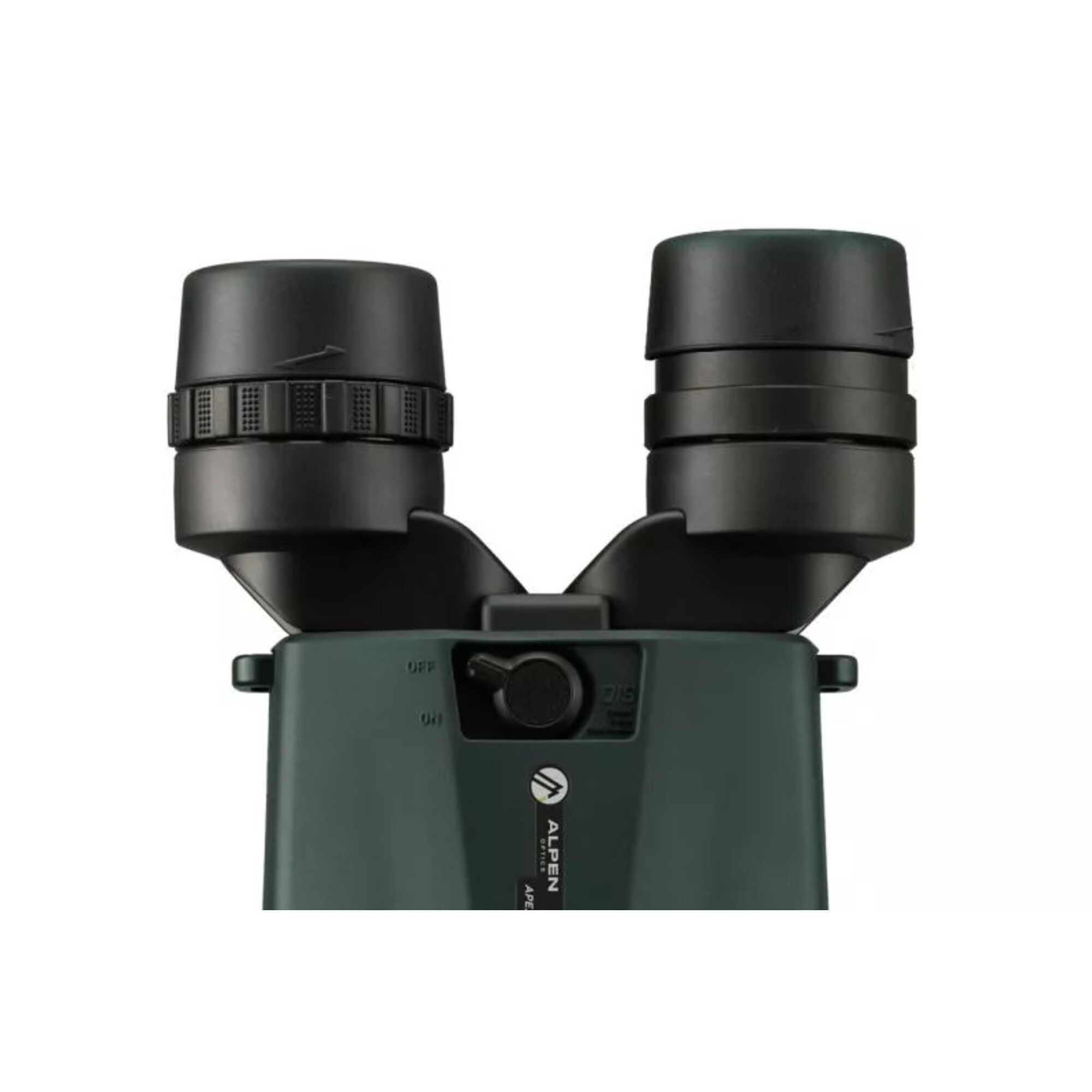 Primer plano de binoculares verde oscuro con lentes negros y perillas de ajuste.