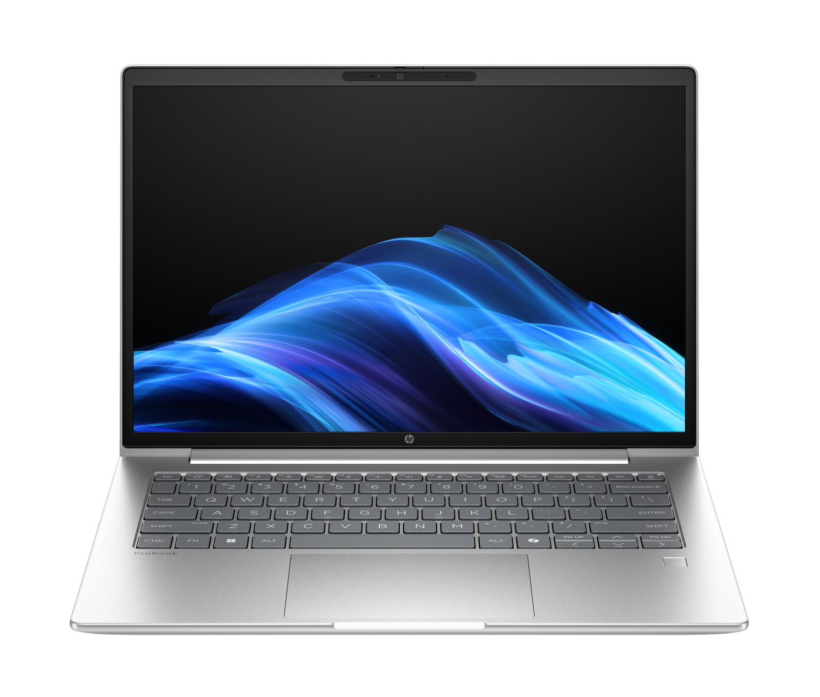 Un laptop HP ProBook argentato è aperto, con uno sfondo astratto blu sullo schermo.