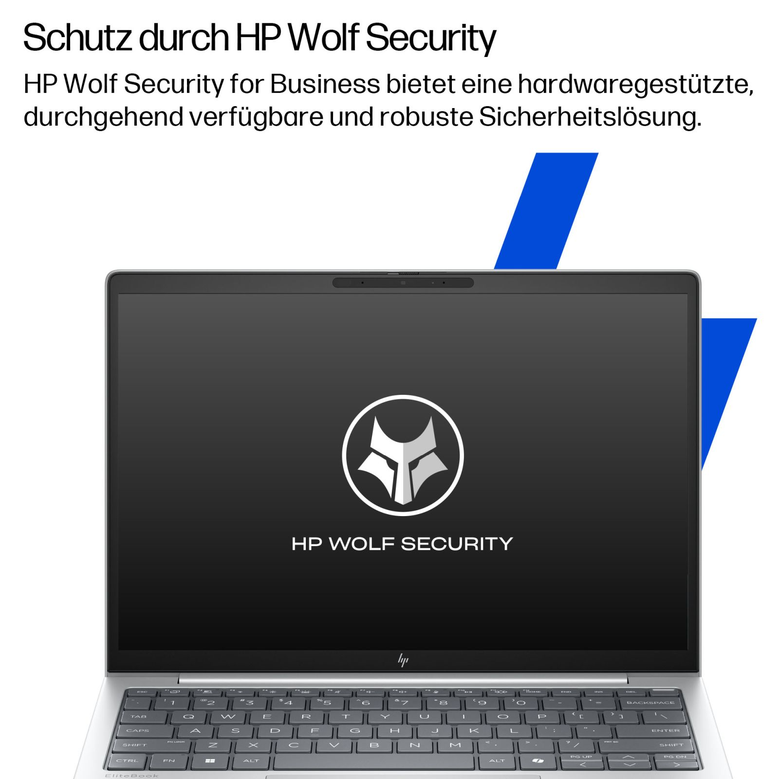Laptop wyświetlający logo i tekst HP Wolf Security. Niebieskie abstrakcyjne kształty w tle.