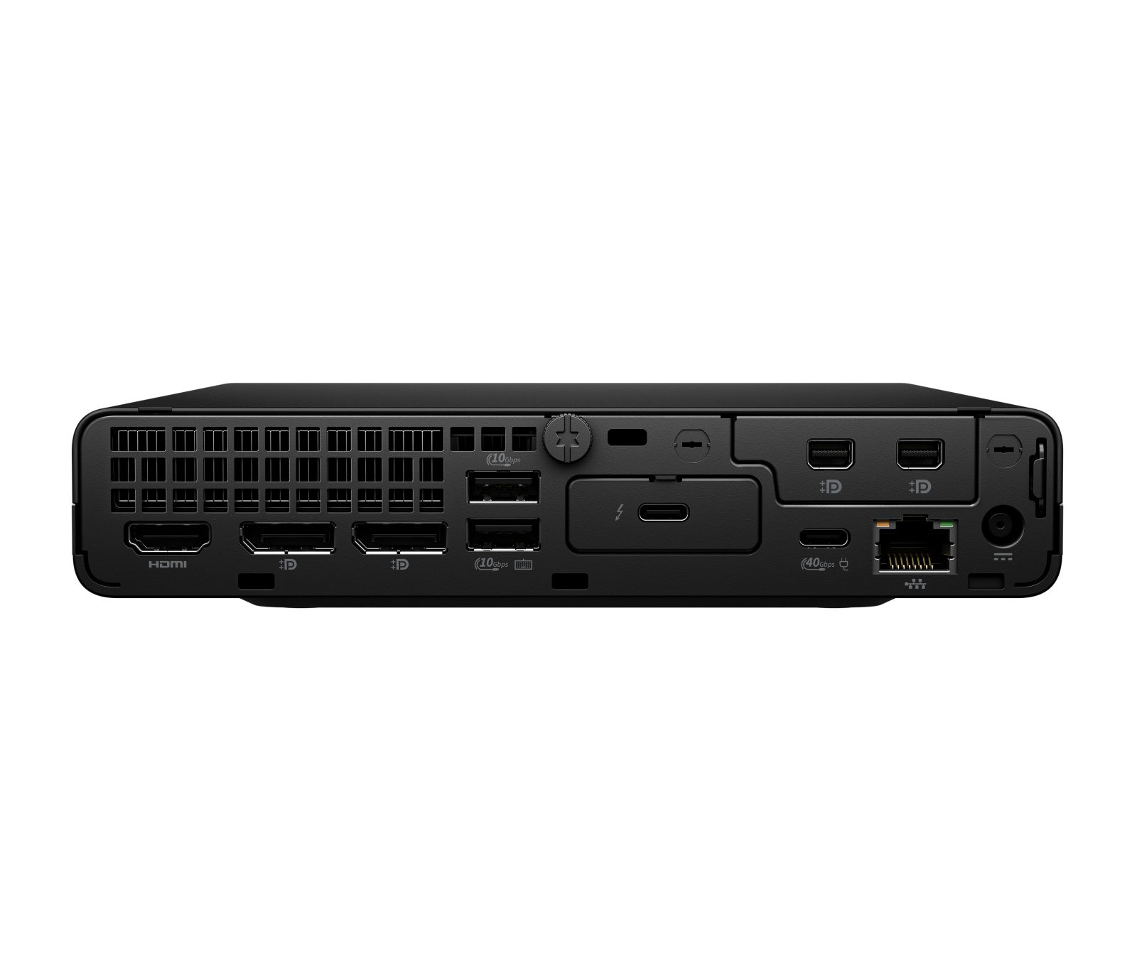 Pannello posteriore di un mini PC nero con porte HDMI, USB, DisplayPort, USB-C ed Ethernet.