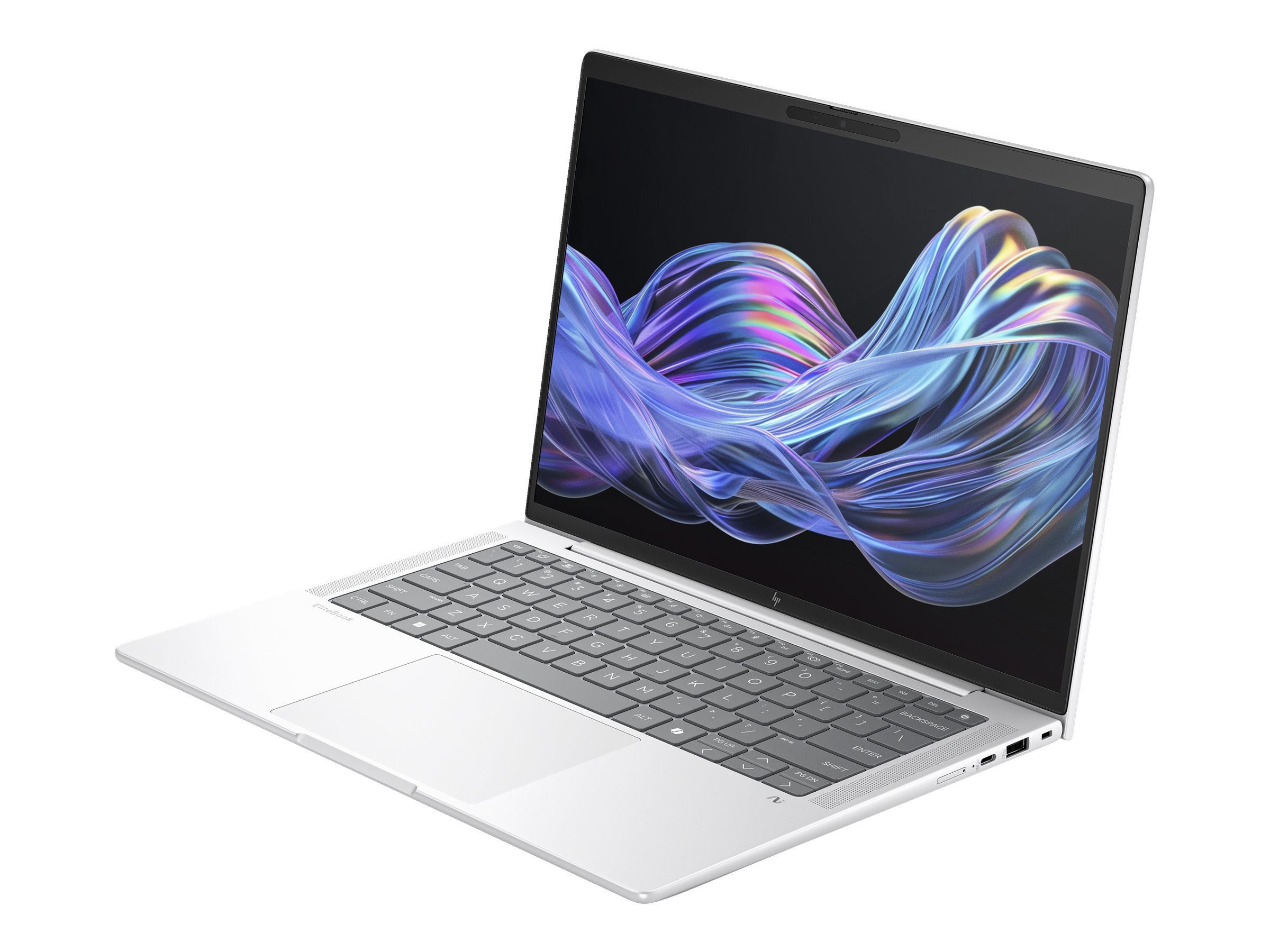 Ein silberner HP EliteBook Laptop mit einem abstrakten, bunten Hintergrund auf dem Bildschirm.