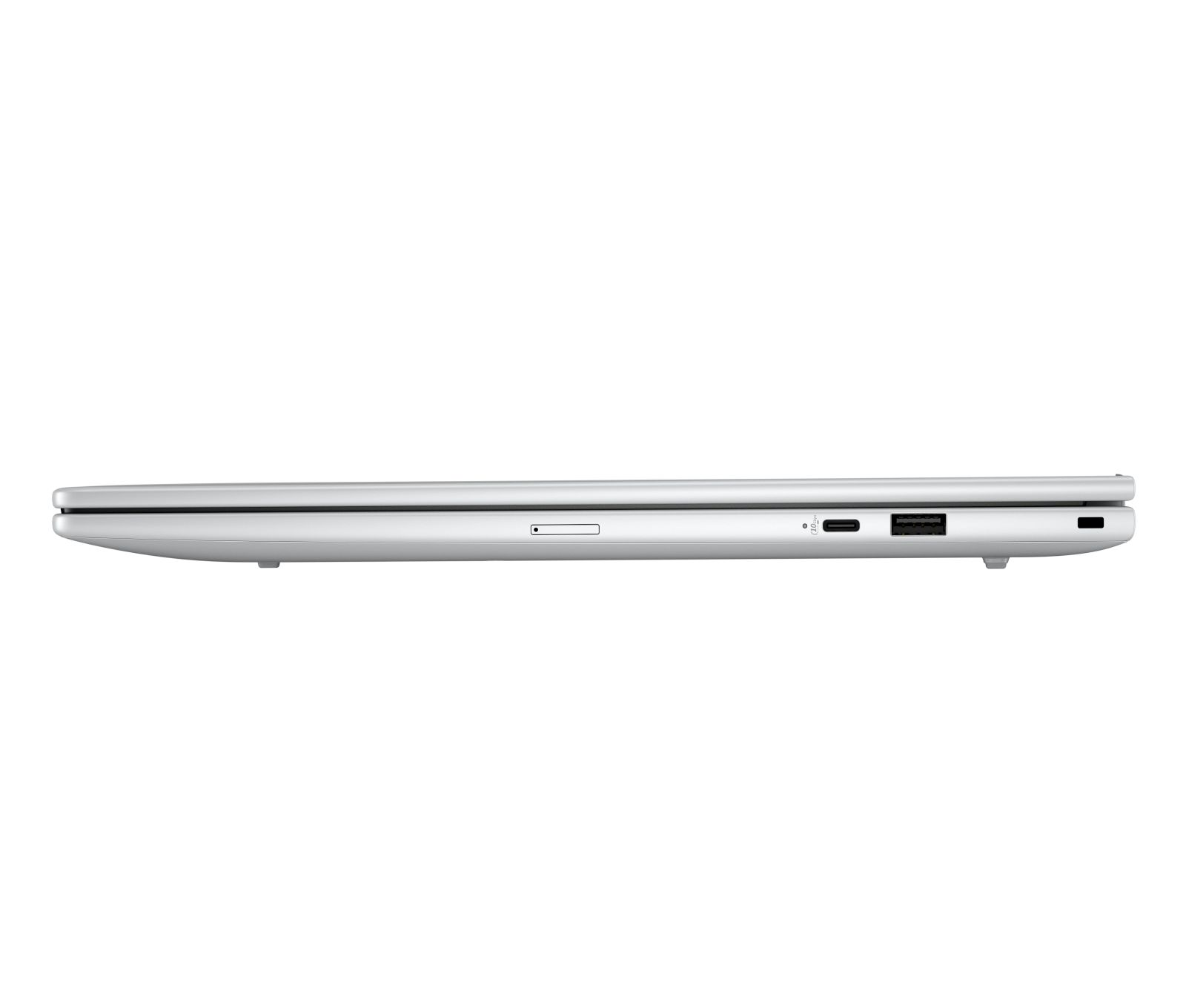 Laptop argento vista laterale con USB-C, USB-A, slot SD e griglia altoparlante.