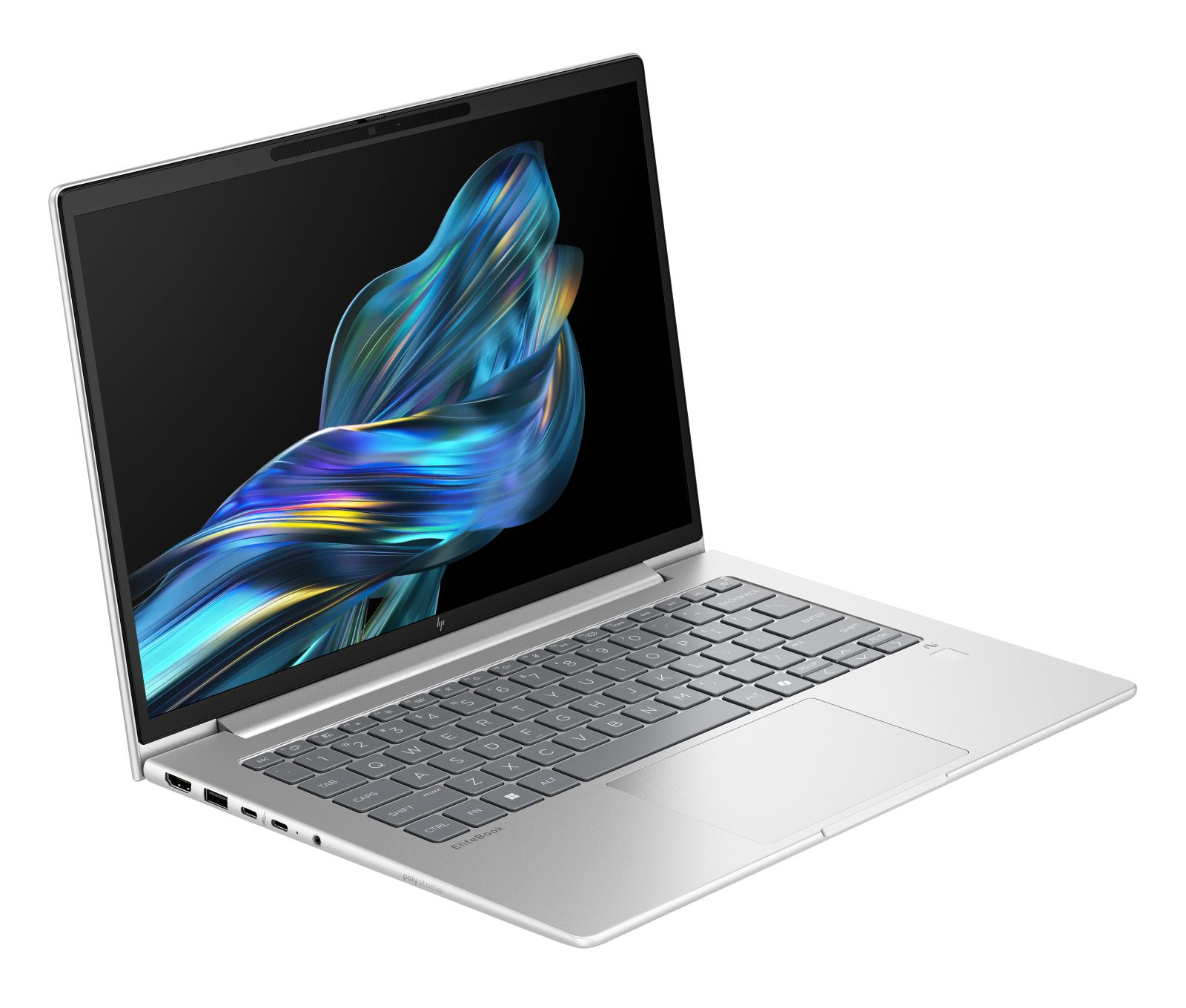 Ein silberner HP EliteBook Laptop mit buntem abstrakten Hintergrund auf dem Bildschirm.