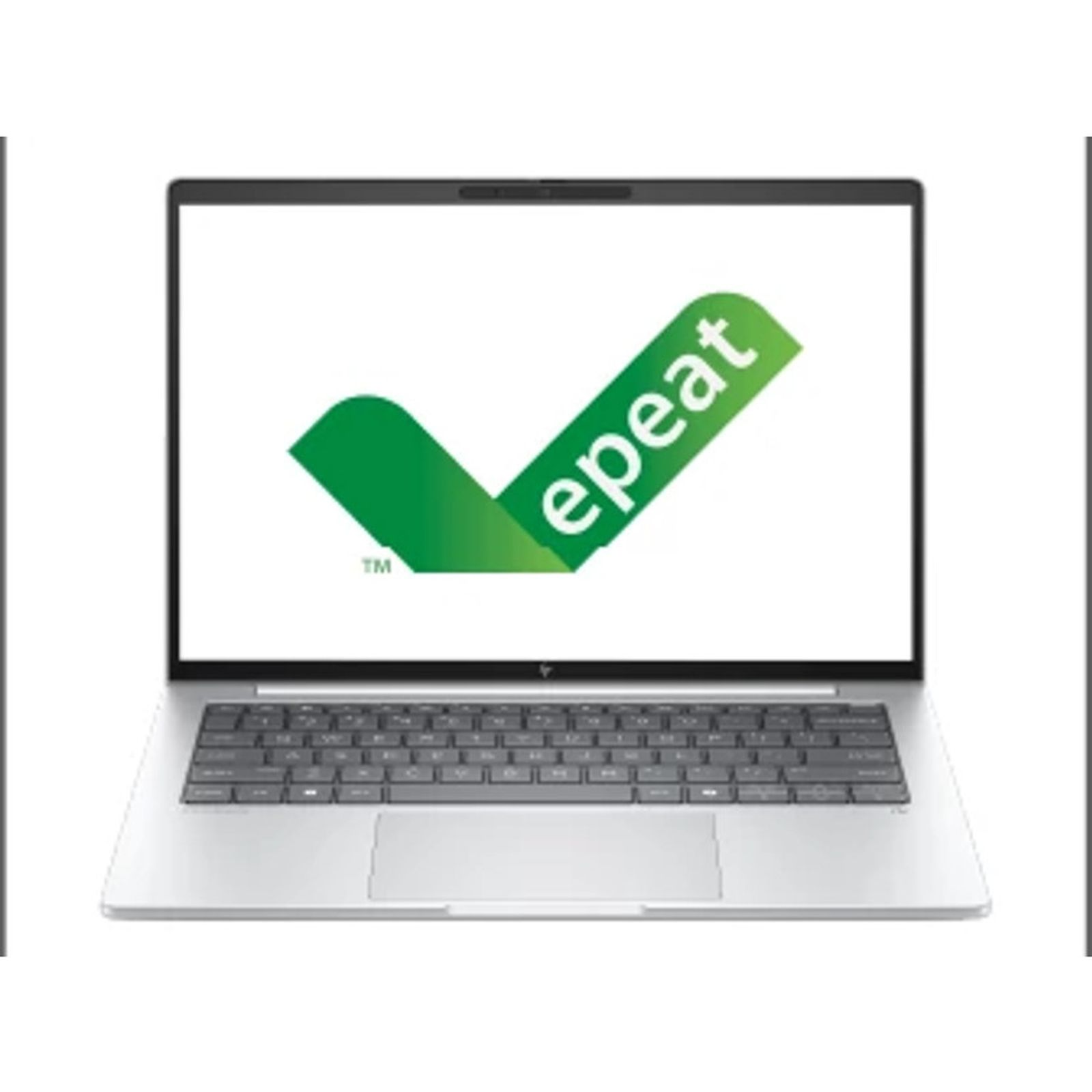 Srebrny laptop wyświetla zielone logo EPEAT ze znakiem wyboru na ekranie.