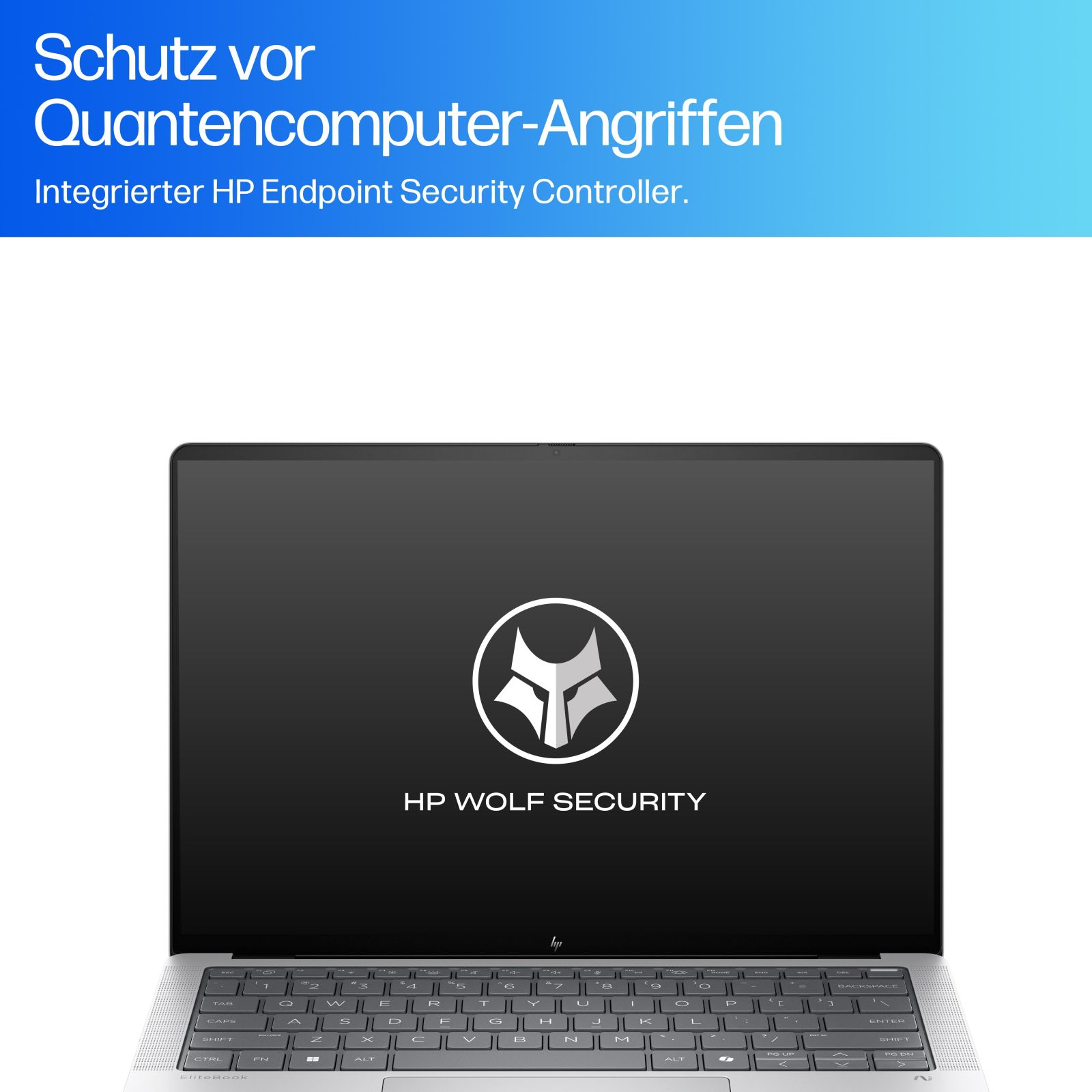 Laptop z logo HP Wolf Security na ekranie. Ochrona przed atakami komputerów kwantowych.