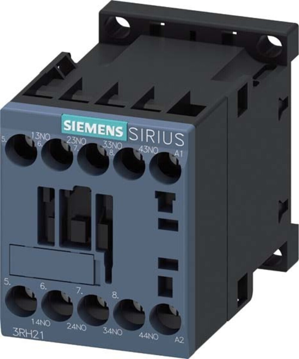 Un contattore Siemens Sirius nero e blu con etichette e terminali.