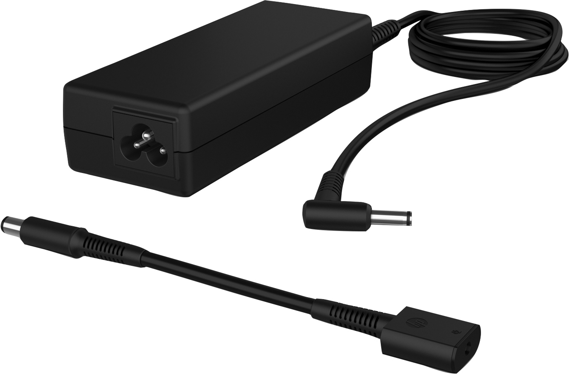 Adattatore di alimentazione nero per laptop con cavi e connettori su sfondo bianco.