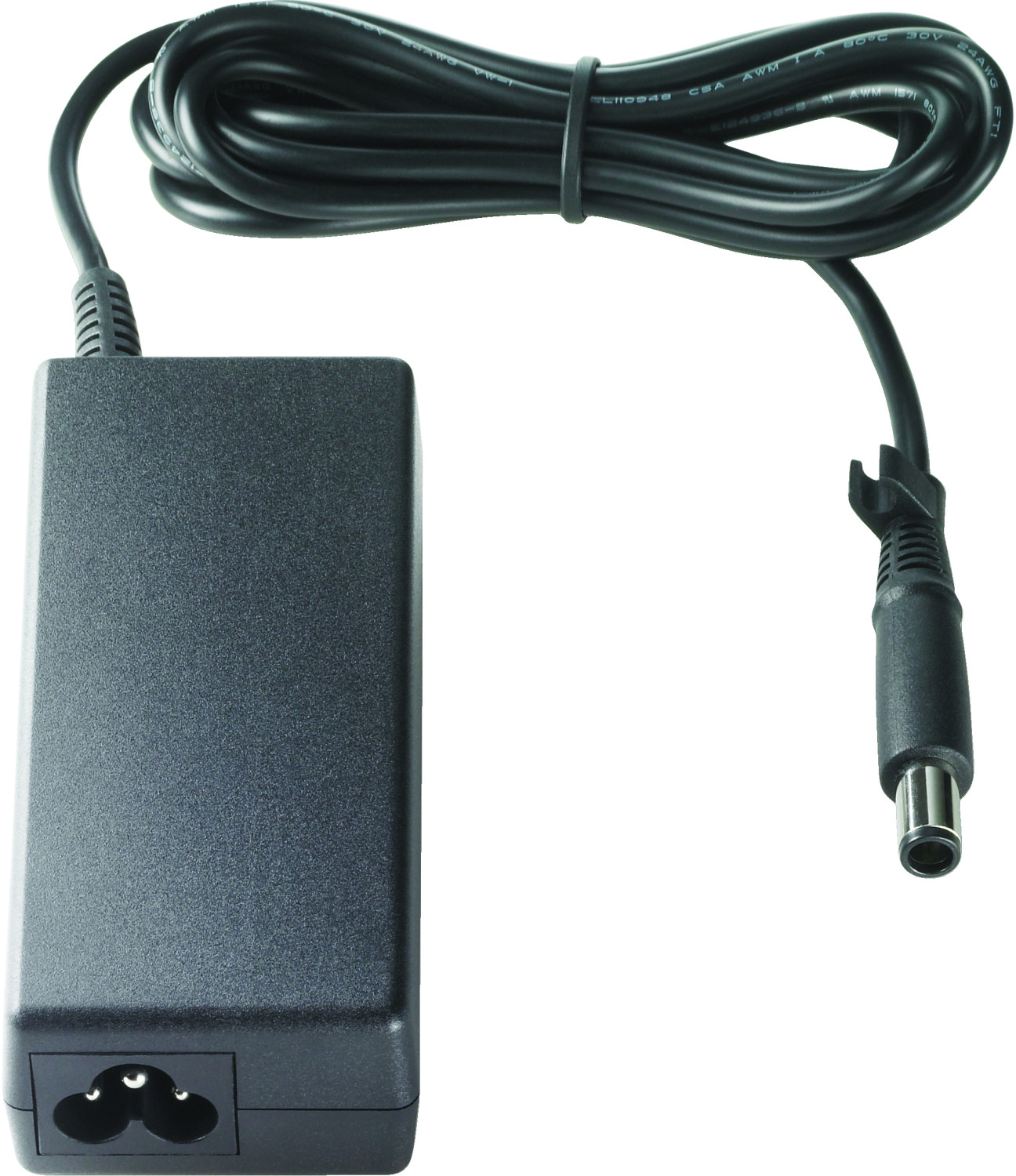 Viene mostrato un alimentatore nero per laptop con cavo arrotolato e connettore cilindrico.
