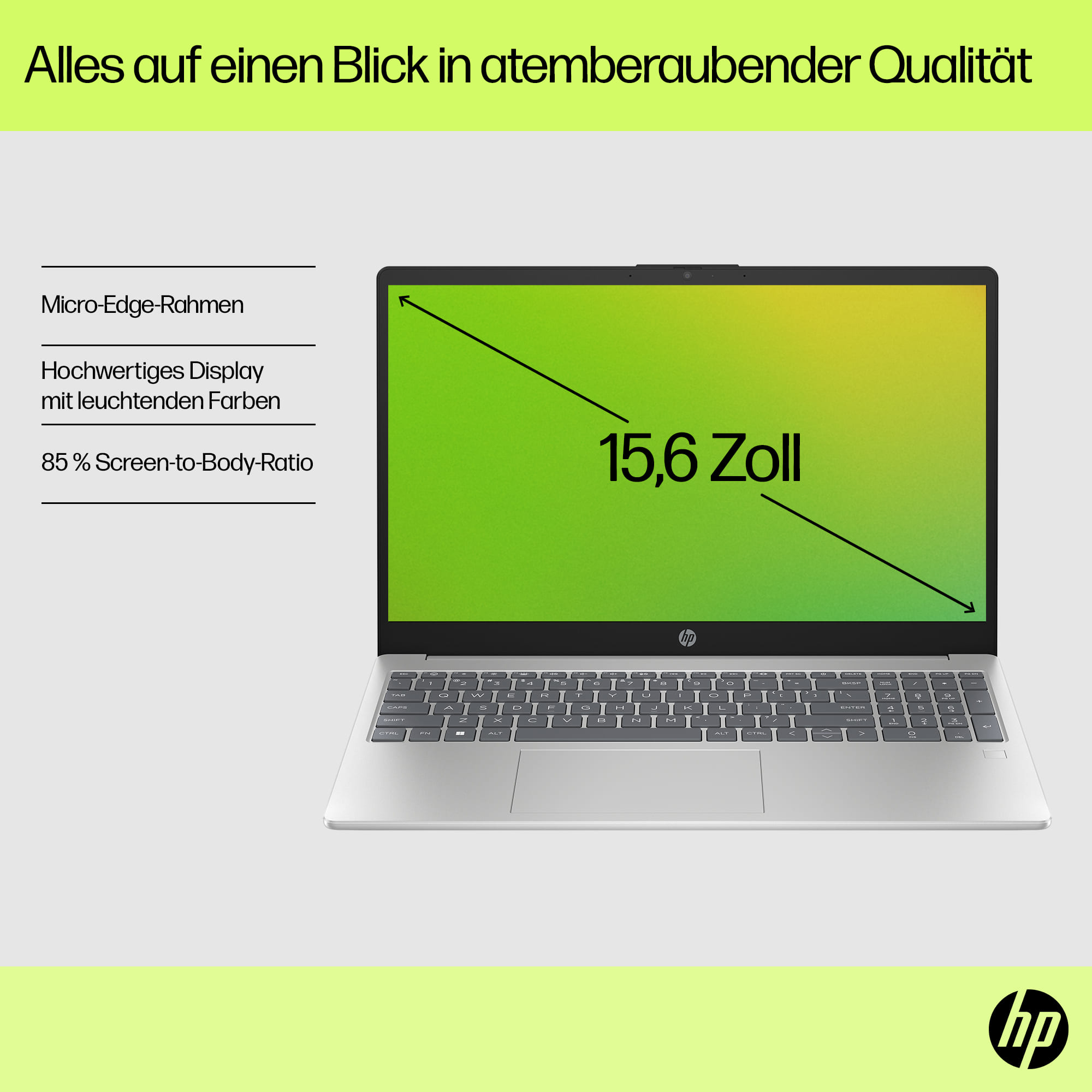 Srebrny laptop HP z ekranem 15,6 cala, ramką Micro-Edge, żywym wyświetlaczem.