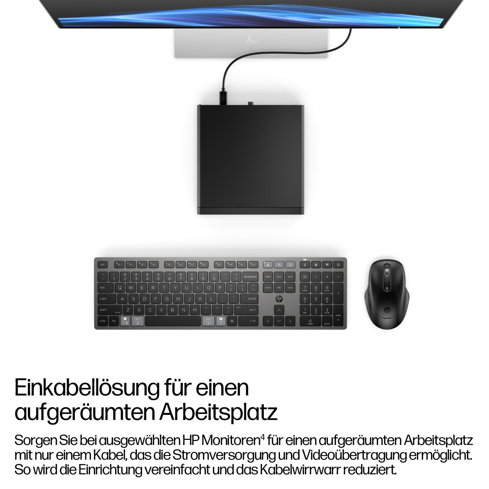 Un moniteur HP avec une base noire, un clavier et une souris sur fond blanc.