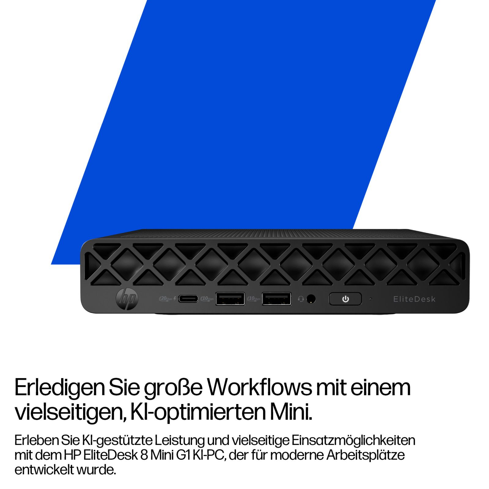 Ein schwarzer HP EliteDesk Mini-PC mit USB-Anschlüssen und Netzschalter.